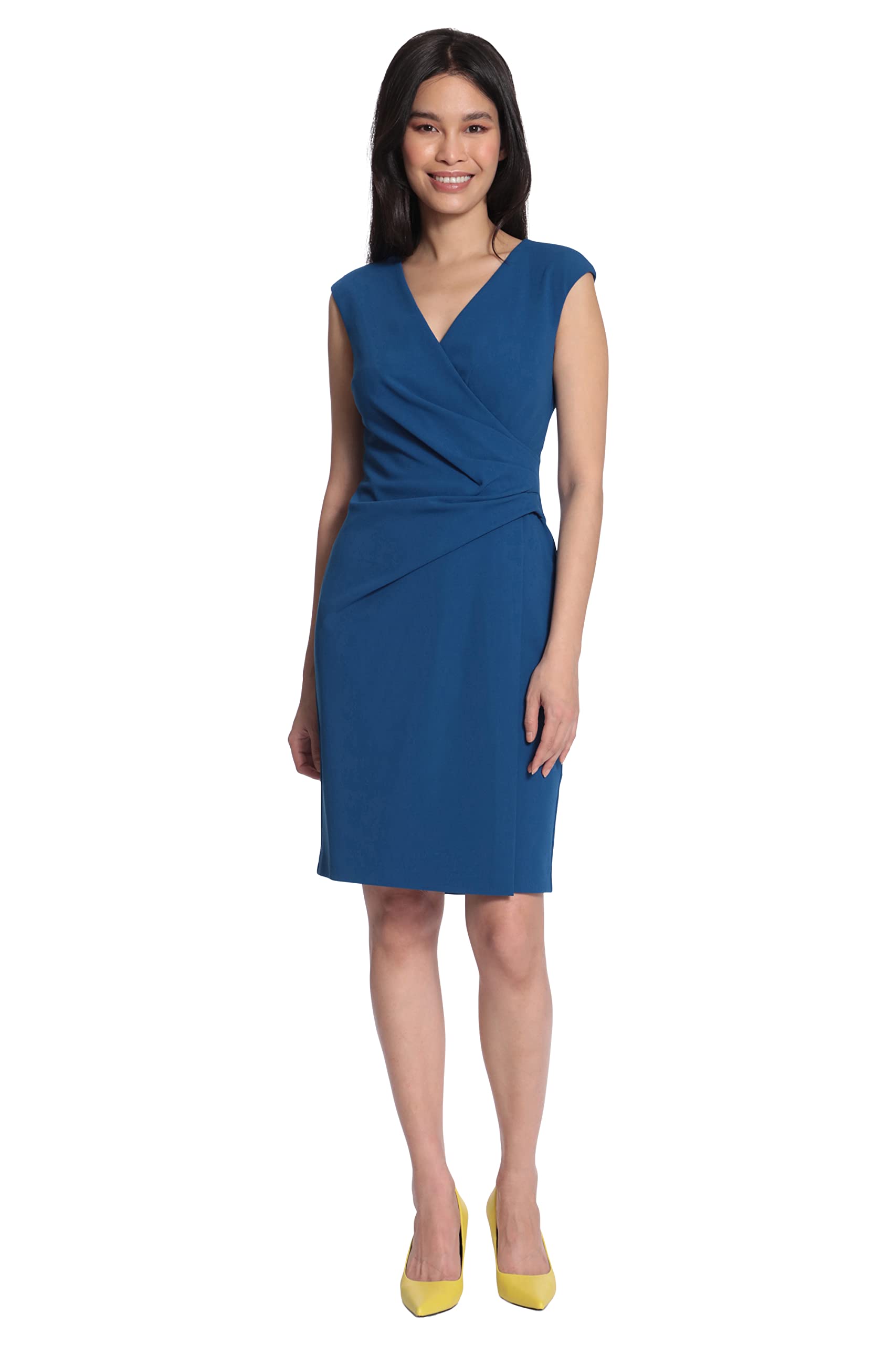 Maggy London Women's Faux Wrap V-Neck Dress with Flattering Gathering - Elegant Cocktail & Office Wear for Special Occasions