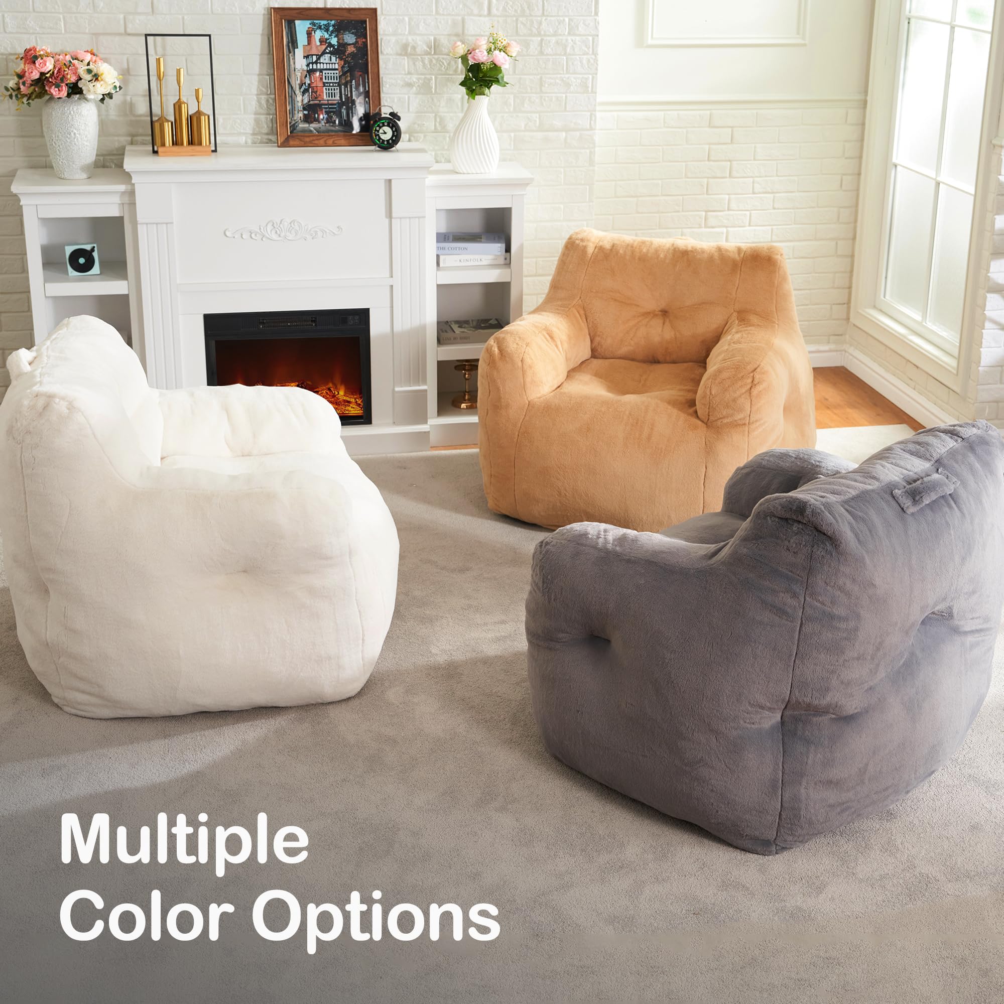 Hobestluk Furry Bean Bag Chair with Arms - Small Foam Filled Beanbag Sofa for Adults, Grey - Perfect for Reading, Relaxing in Bedroom, Living Room, Dorm & Game Room