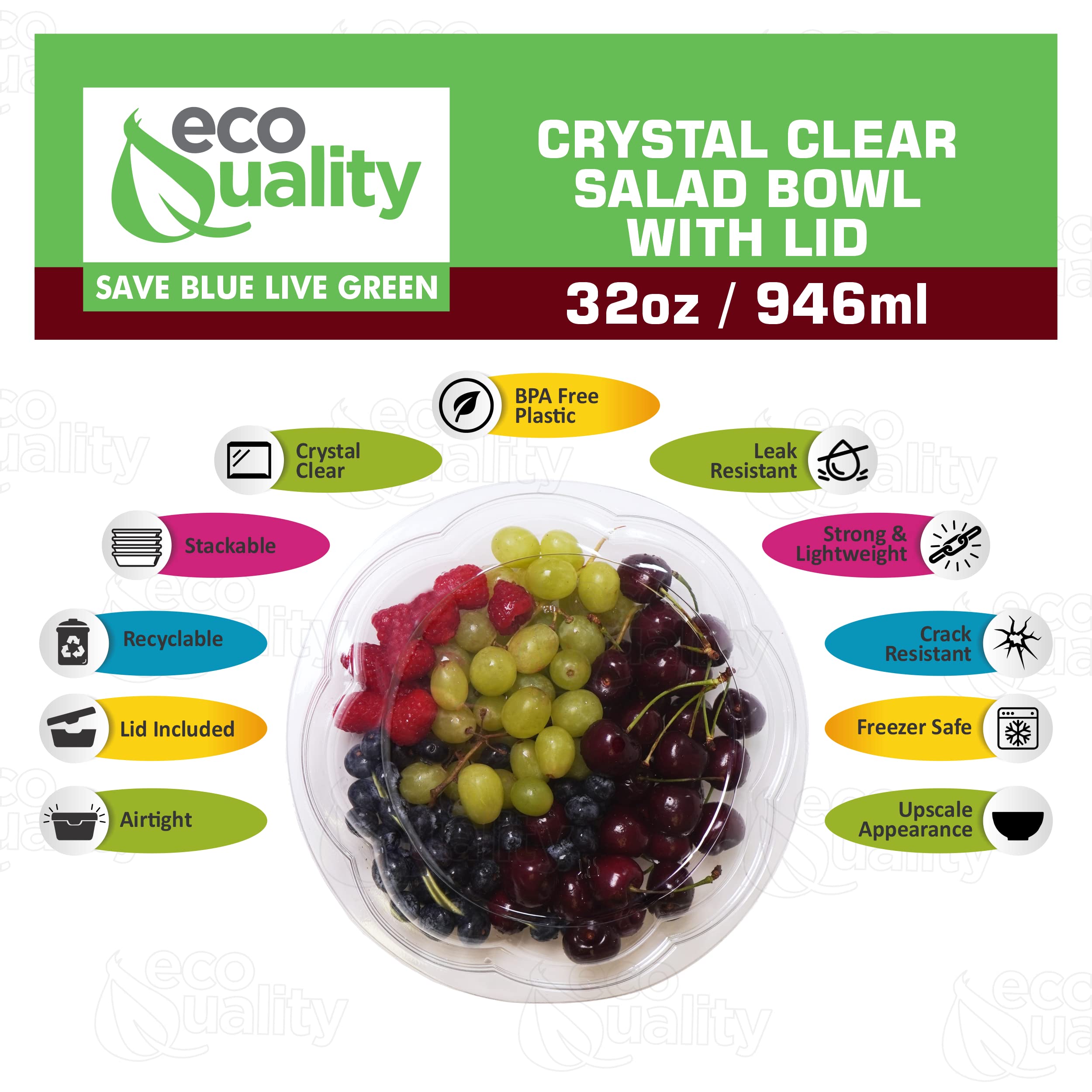 [600 Pack] 32oz Clear Plastic Salad Bowls with Lids - Disposable Airtight Food Containers for Meal Prep, Lunch, Salads, Fruits, Parfait | Leakproof & Fresh-Keeping | Perfect for Office Lunch, Picnics, Catering & Takeout