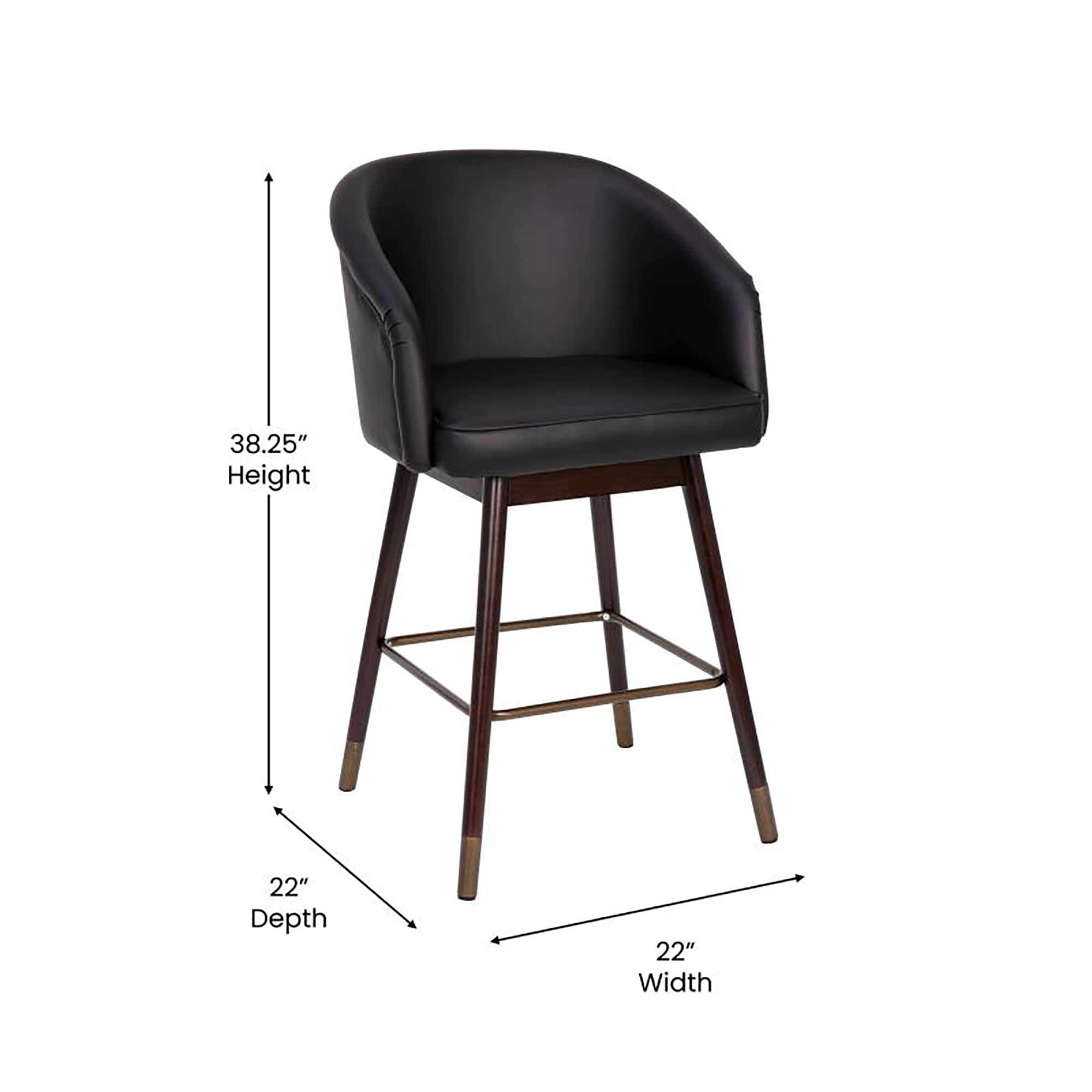 Flash Furniture Margo Commercial Grade Mid-Back Counter Stools - Set of 2 Black LeatherSoft Upholstered Bar Stools with Walnut Finish Beechwood Legs & Bronze Accents - 26