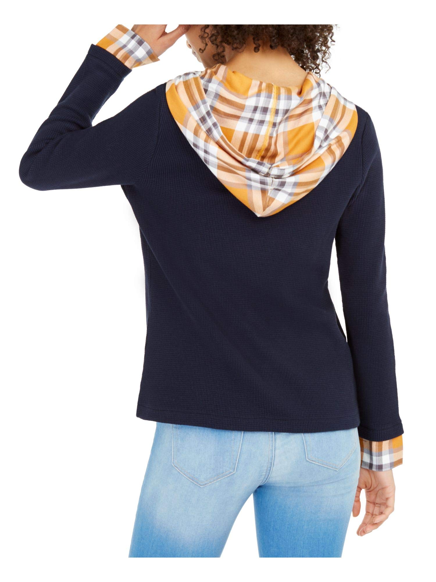 Tommy Hilfiger Women's Blue Sky Captain Plaid Waffle Knit Hooded Sweatshirt - Soft Layered Pullover Hoodie for Casual Wear, Outfits & Fall Fashion (Small)