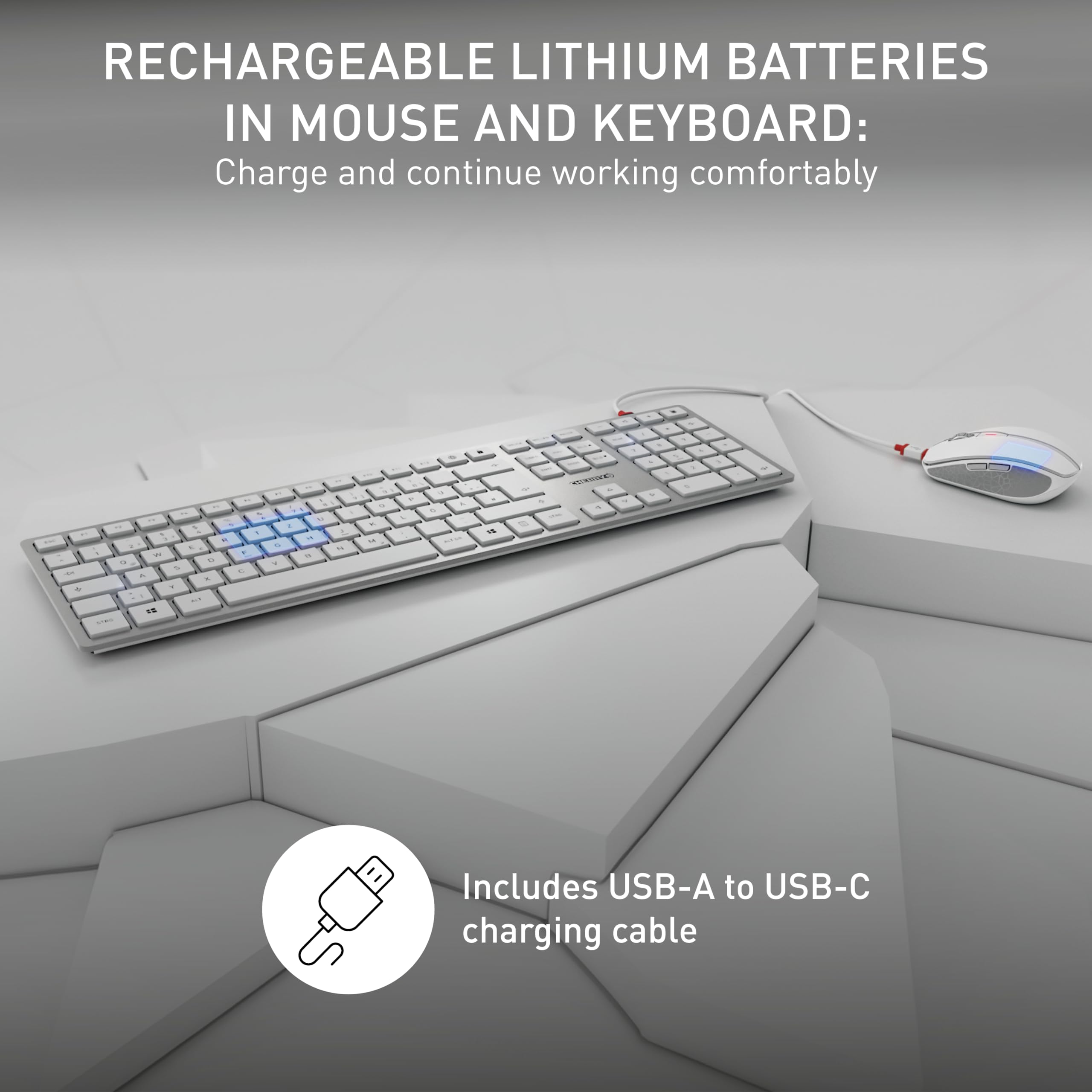 CHERRY DW 9100 SLIM Wireless Keyboard and Mouse Set - Bluetooth & 2.4GHz RF Rechargeable Desktop Combo with Quiet Keys, Flat Design (UK QWERTY Layout, Silver/White) for Office, Home & Gaming Use