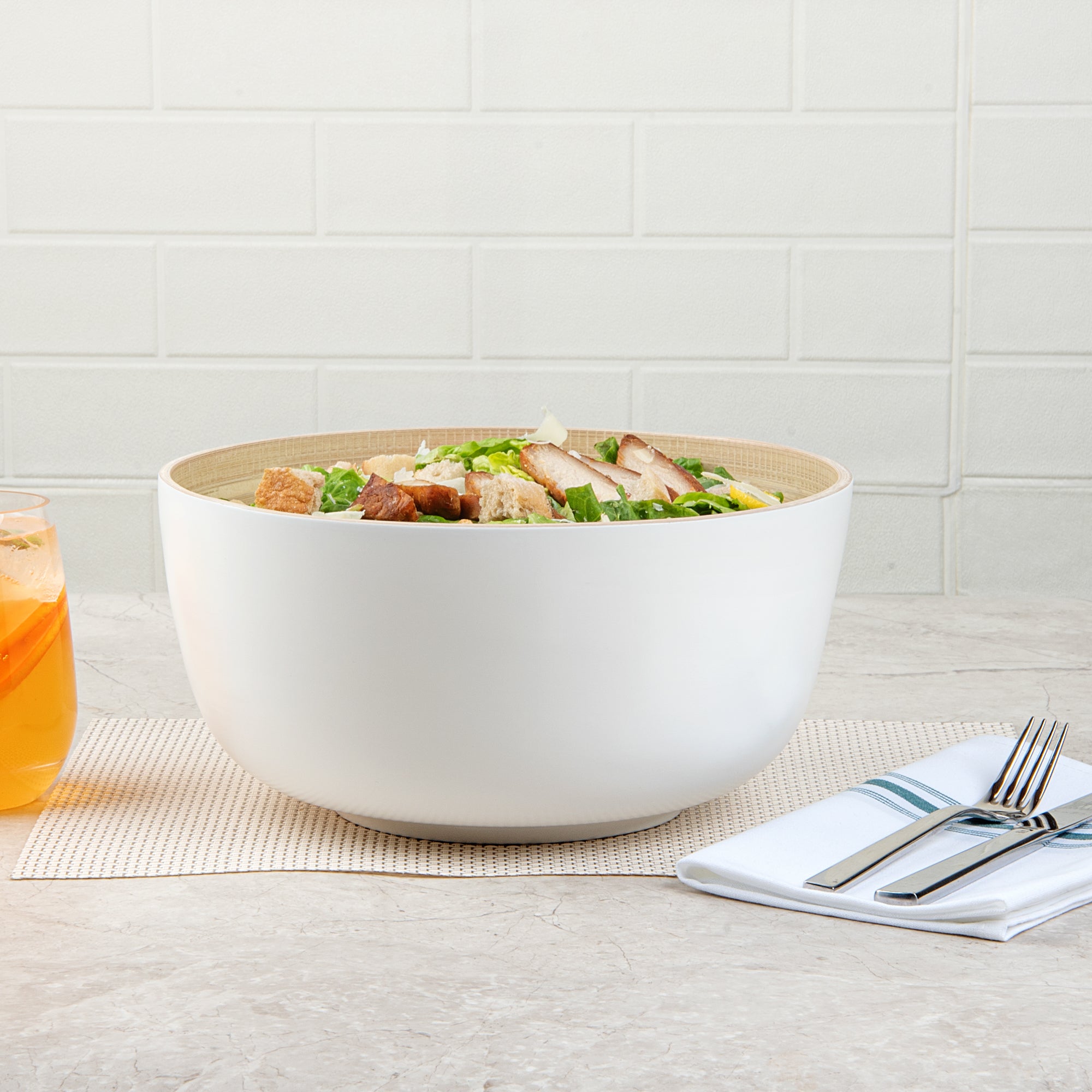 Bambuddha 30 oz Round White Spun Bamboo Large Salad Bowl - 11 x 11 x 5.5 Inches - Eco-Friendly Kitchenware for Serving Salads, Pasta, Fruits & Party Snacks - 1 Count Box