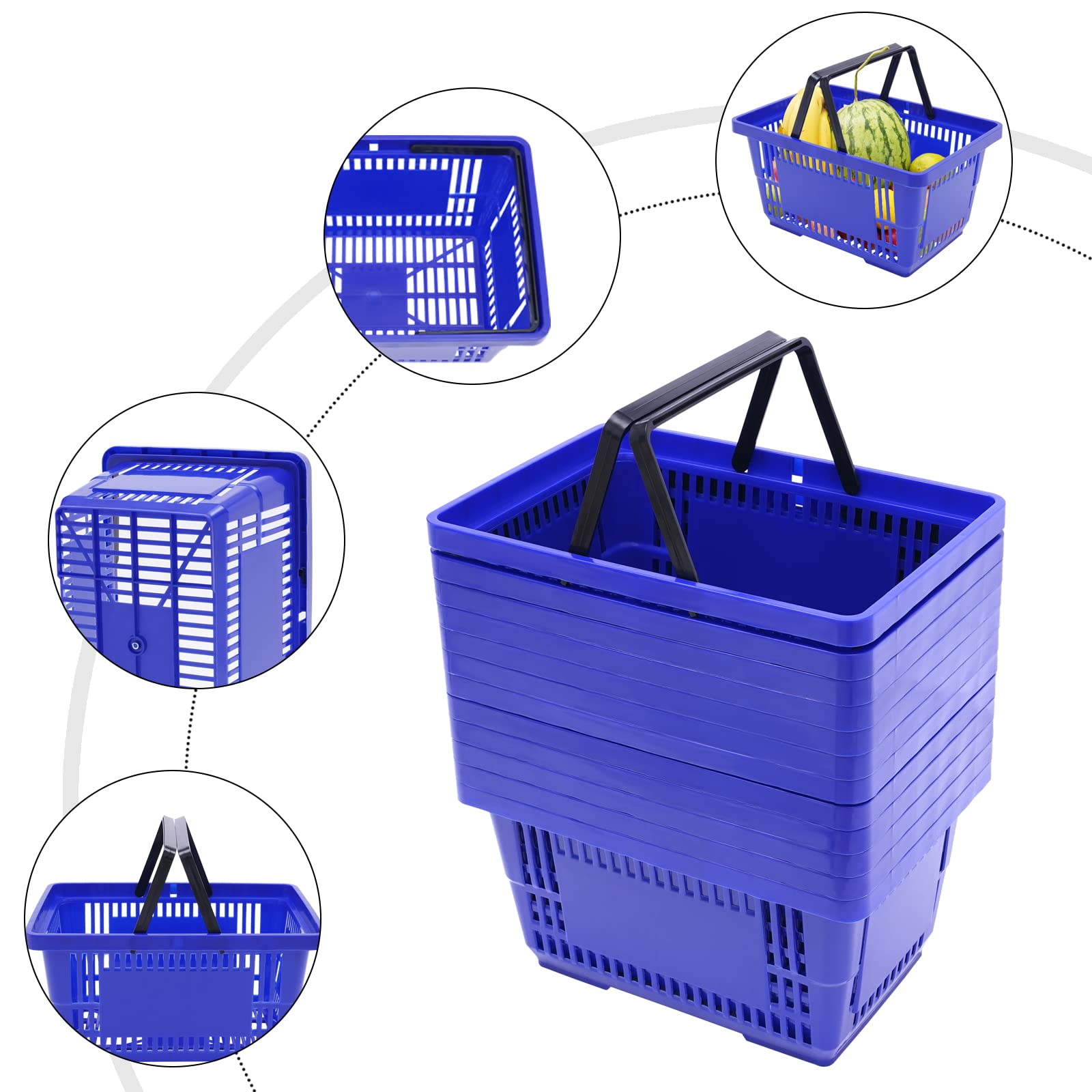 12-Pack Stackable Plastic Shopping Baskets - 18L Capacity, Blue - Durable Fruit & Vegetable Storage Bins for Supermarkets, Retail Stores, Bookshops - Perfect for Grocery Shopping, Home Organization & Commercial Use