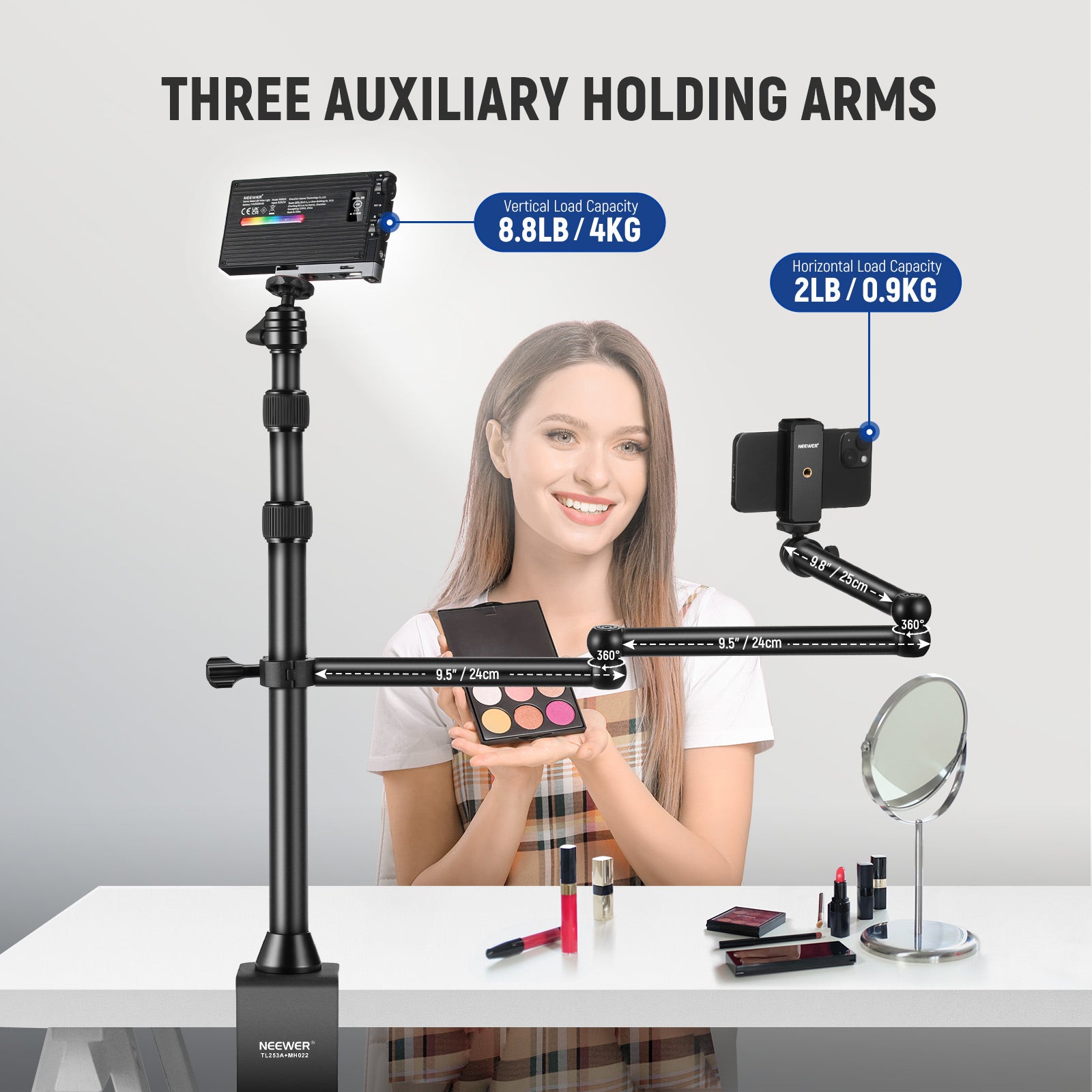 NEEWER TL253A+MH022 Upgraded Tabletop Camera Mount Stand - Compact & Adjustable Tripod for DSLR, Mirrorless, Webcam - Perfect for Vlogging, Live Streaming, and Photography
