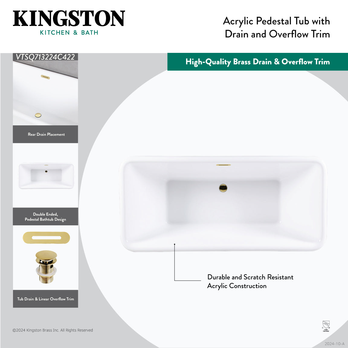 Aqua Eden 71 Inch Acrylic Oval Rectangular Double Ended Pedestal Bathtub - Glossy White with Brushed Nickel Drain (No Faucet Drillings) | Freestanding Soaking Tub for Luxury Bathroom & Spa Relaxation