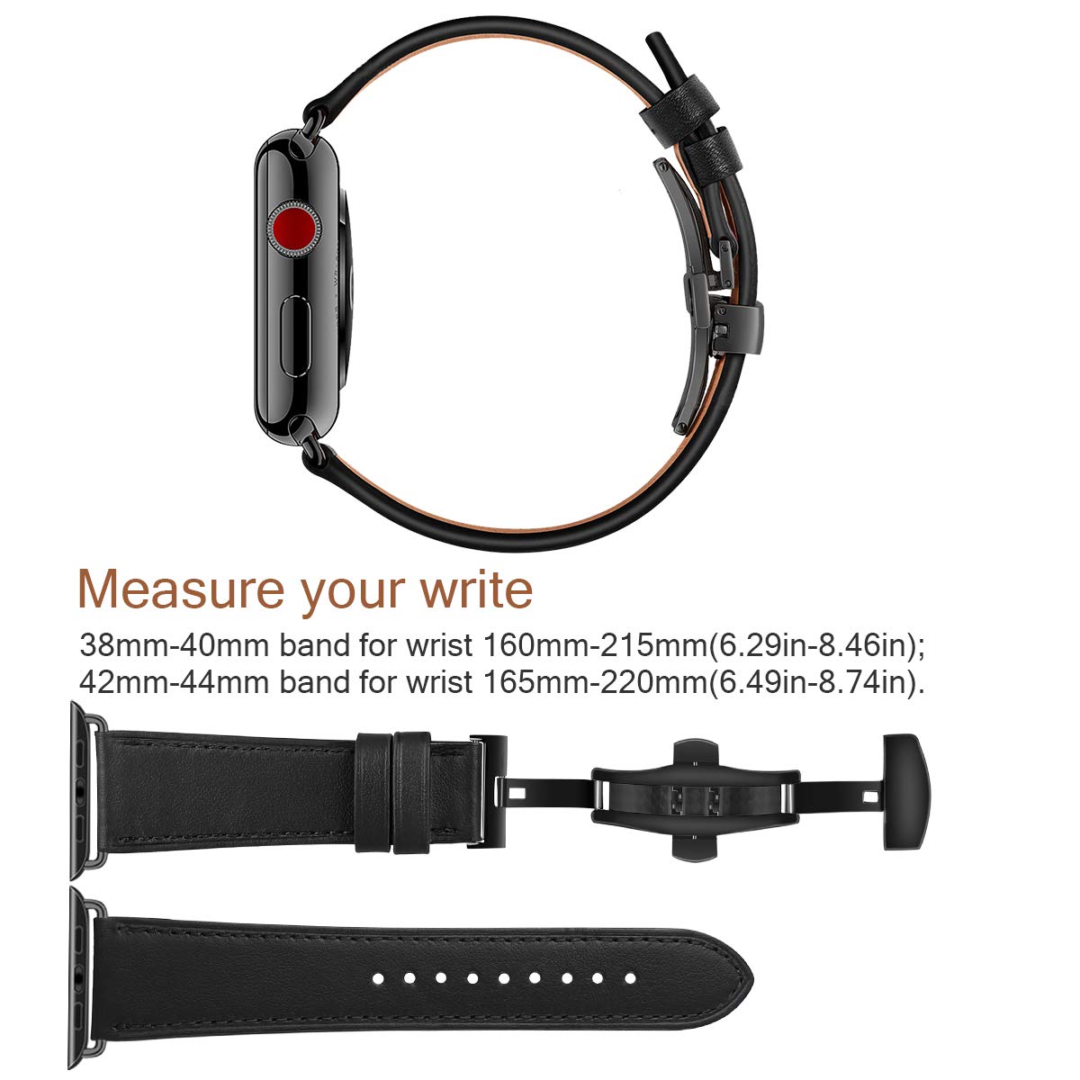 Premium Leather Apple Watch Band 42mm 44mm 45mm 49mm - Replacement Strap Compatible with iWatch Ultra, Series 8/7/6/SE/5/4/3/2/1 - Black Butterfly Clasp Bracelet for Workout, Office & Casual Wear