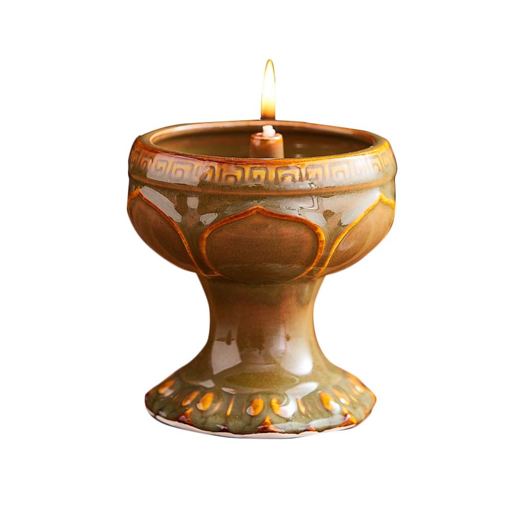 Vintage Large Ceramic Oil Lamp - Retro Butter Lamp for Home Decor, Buddha Altar & Meditation - Scented Oil Candle Holder, Nostalgic Kerosene Style (Bronze) - Perfect for Spiritual Spaces, Yoga Rooms & Cozy Ambiance