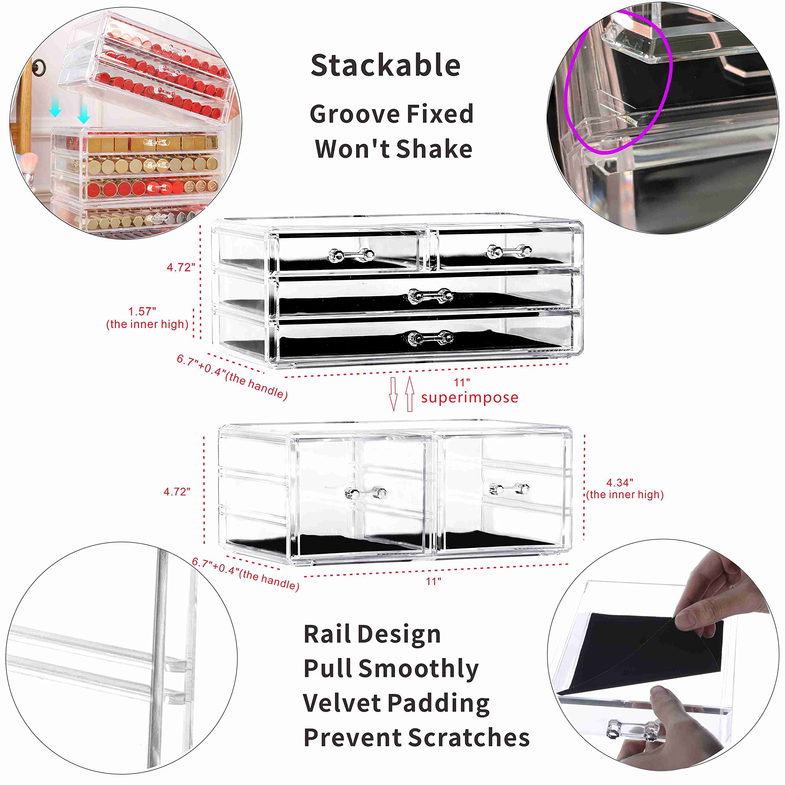 2-Pack Clear Acrylic Stackable Storage Drawers for Vanity & Desk - 6-Tier Desktop Organizer for Office, Jewelry, Hair Clips, Makeup & Beauty Products - Perfect for Bedroom, Bathroom & Workspace Organization