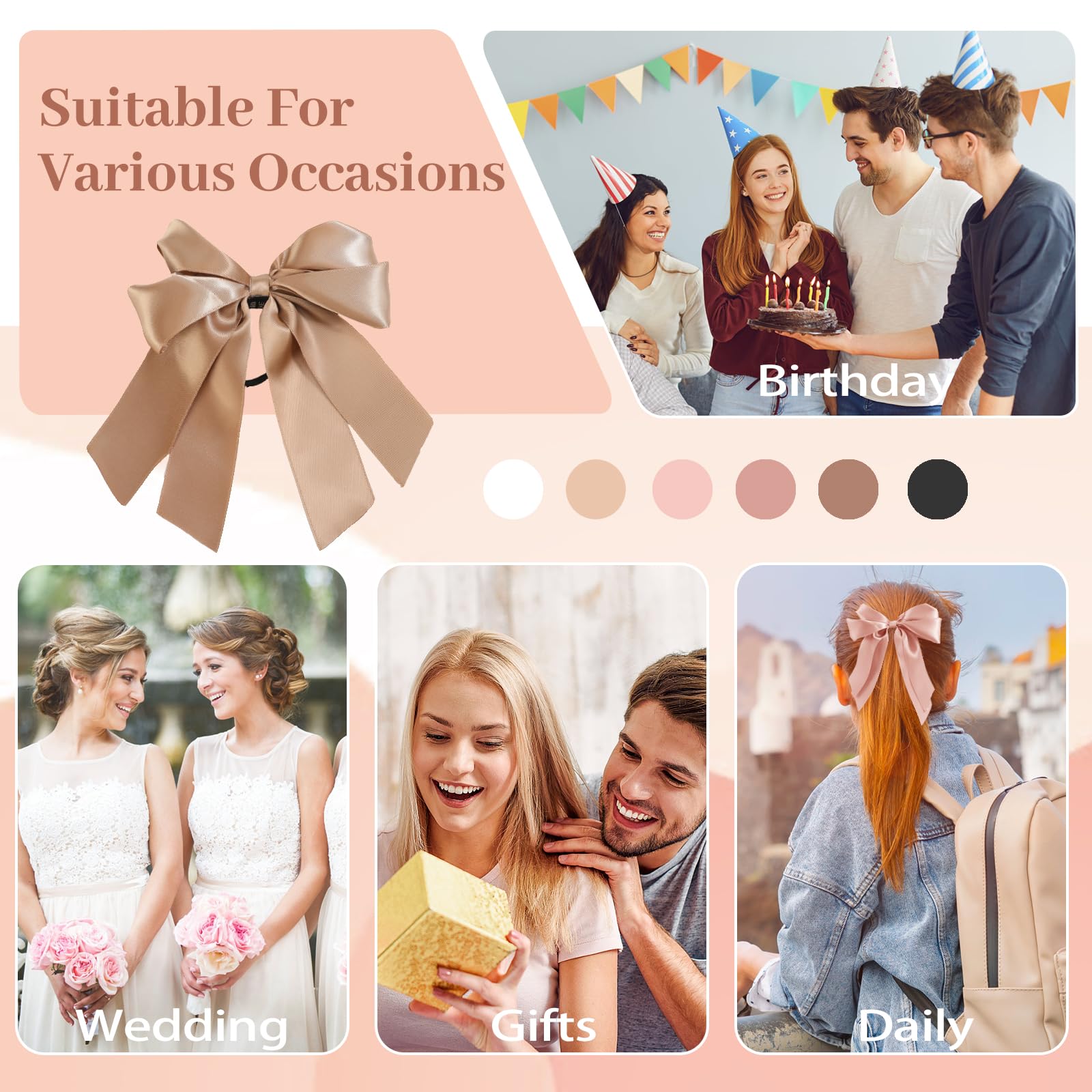 Yougeigy 6PCS Satin Hair Bows & Scrunchies for Women & Girls - Black Ribbon Hair Ties with Long Tail for Thin & Thick Hair - Perfect for School, Parties & Everyday Styling