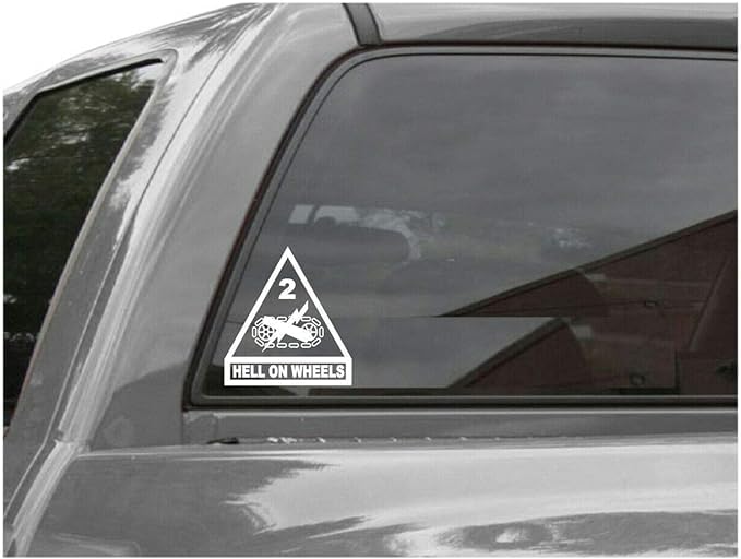 2nd Armored Division 'Hell On Wheels' Military Decal Sticker - US Army Car, Truck, Window, Laptop & Bumper Decoration - 3.8 x 3.5 Inch Yellow Vinyl - Patriotic American Flag Design for Veterans & Military Enthusiasts - Perfect for Vehicles, Laptops, Helmets & DIY Projects
