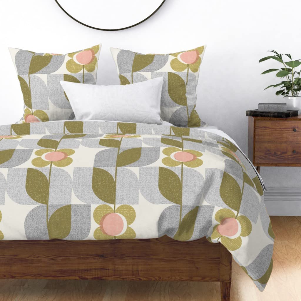 Mid Century Botanical Flowers Cotton Sateen Duvet Cover - Full/Queen Size 60S Print Custom Bedding | Nature Inspired Plant Design for Modern Bedroom Decor