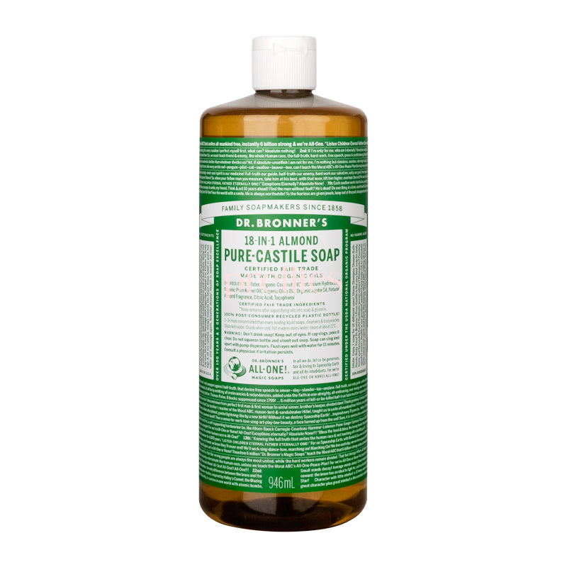 Dr. Bronner's Organic Almond Liquid Soap - 18-in-1 Pure Castile Soap, 32oz (946ml) for Face, Body, Hair & Home - Vegan, USDA Certified, Cruelty-Free