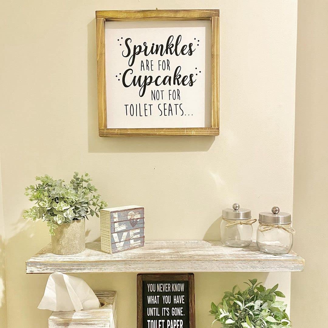 Funny Rustic Bathroom Sign - Sprinkles Are For Cupcakes Not for Toilet Seats - 12x12 Inch Modern Farmhouse Wall Decor for Half Bath, Powder Room & Guest Bathroom - Humorous Home Decor with Witty Sayings