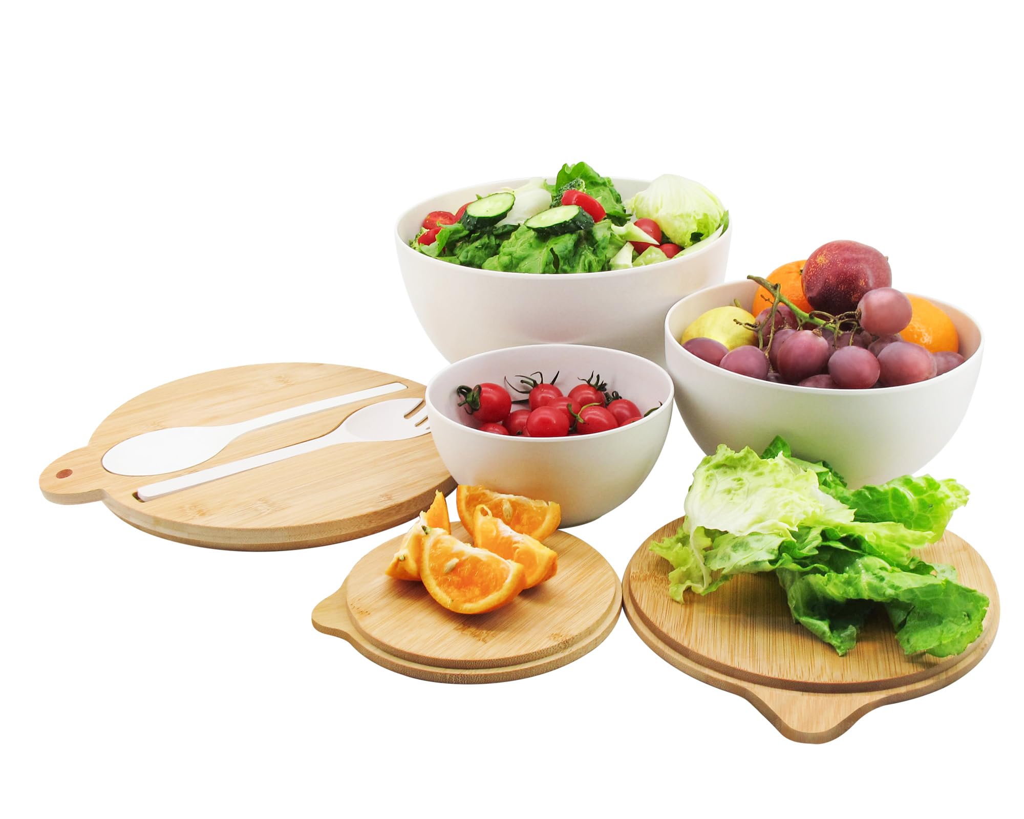 3-Piece Bamboo Fiber Salad Bowl Set with Seal Lid & Serving Utensils - Large Mixing Bowls for Kitchen, Pasta, Popcorn, Fruit | Perfect for Meal Prep, Entertaining & Food Storage (White)