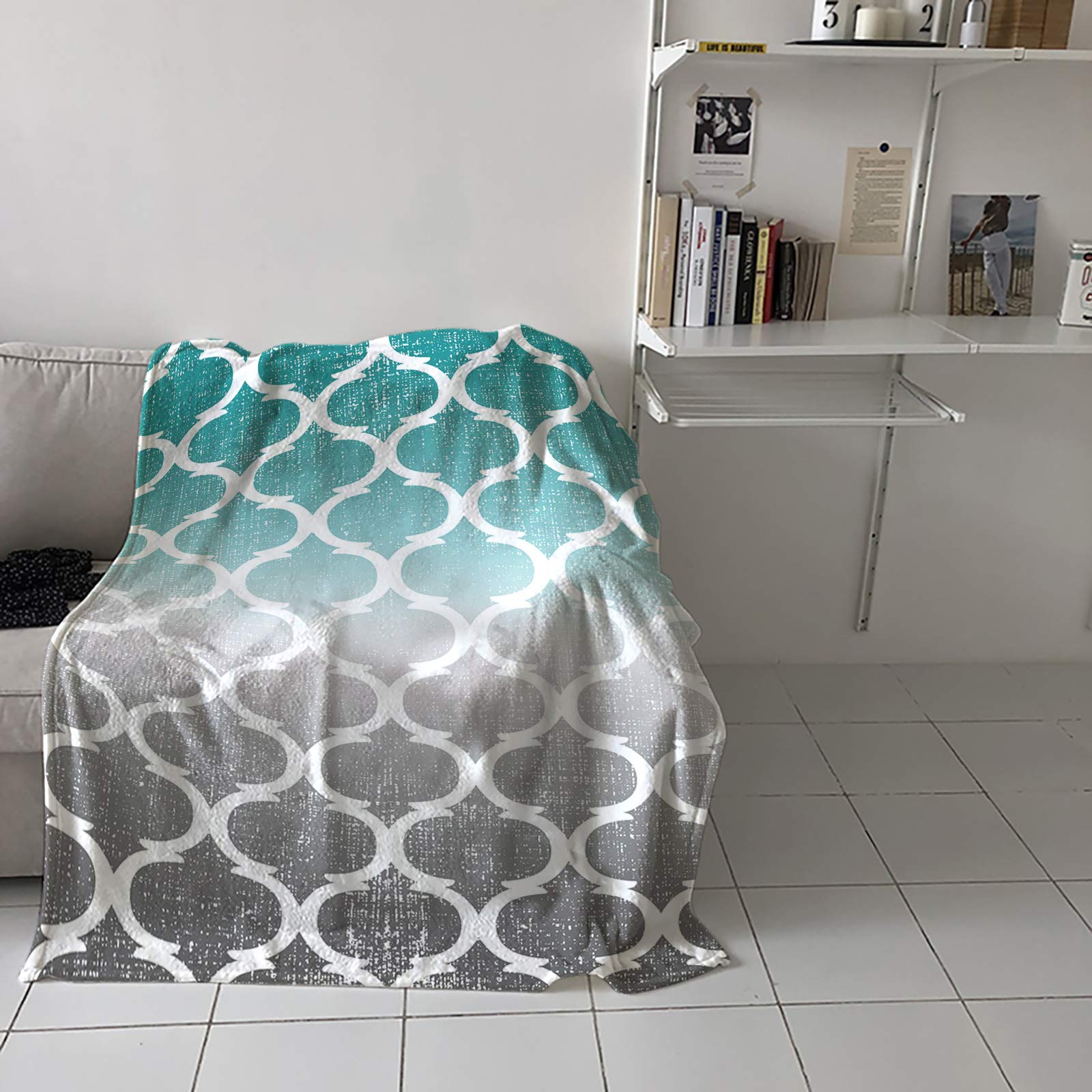 Soft Flannel Fleece Throw Blanket 60x80 Inches - Modern Ombre Turquoise Grey Moroccan Style Decorative Blanket for Bed, Couch, Sofa, Office & Camping - Cozy Abstract Design Home Decor Gift for Winter & Travel Use