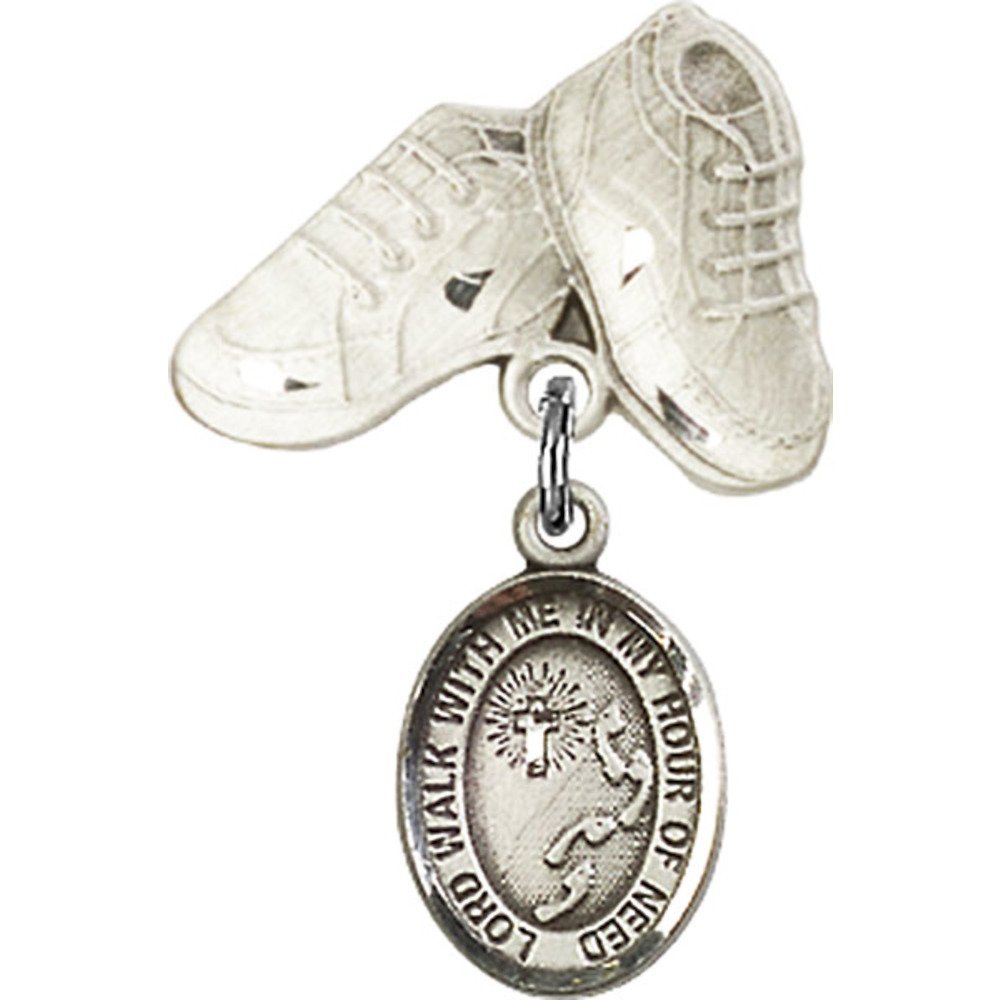 Sterling Silver Baby Badge with Footprints & Cross Charm - 1 X 5/8 Inch Baby Boots Pin - Perfect for Christening Gifts, Baby Showers & Keepsake Jewelry