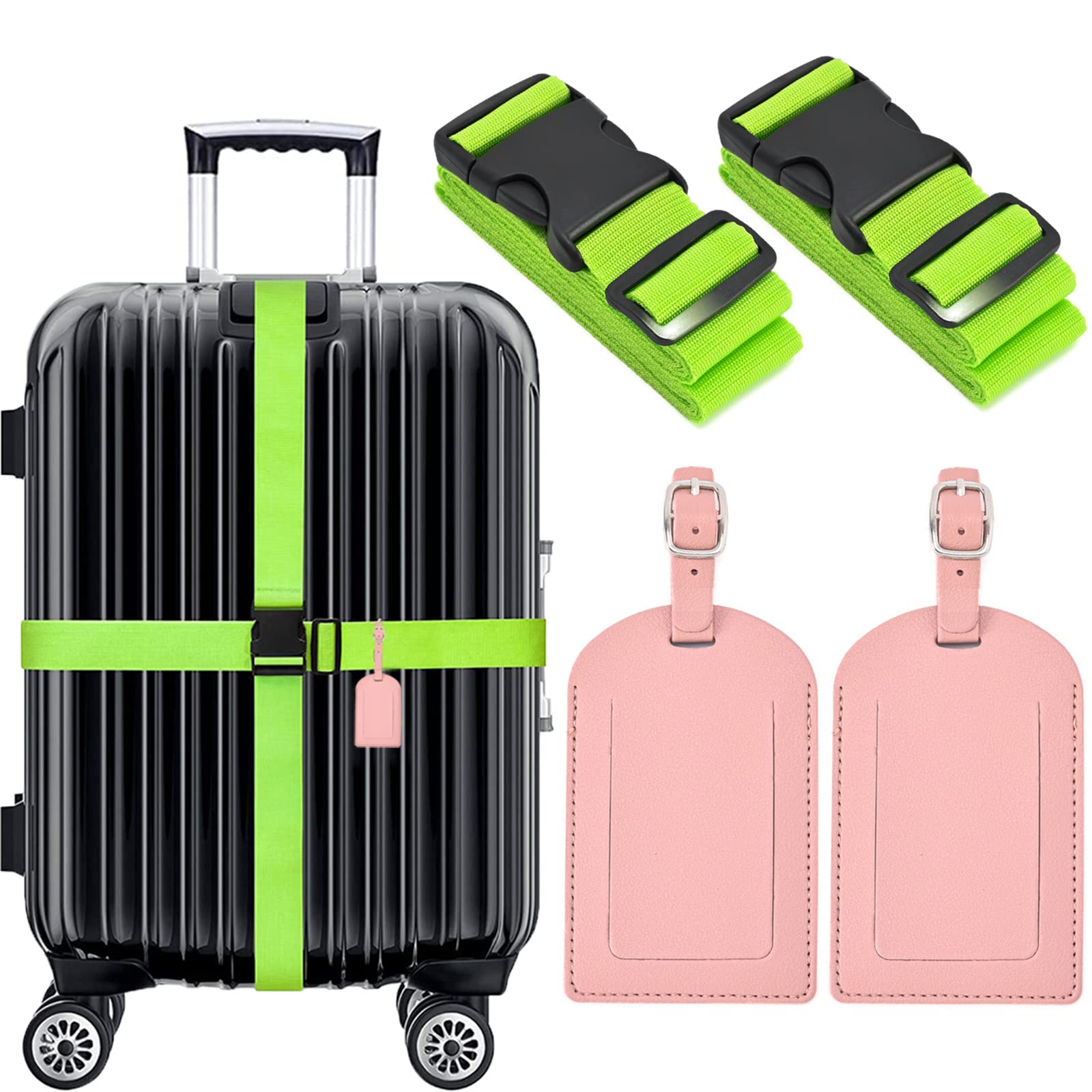4 Pack Adjustable Luggage Straps with Leather ID Tags - Secure Suitcase Belts for Travel, Name Card Holder - Perfect for Airports, Cruise Ships & Business Trips