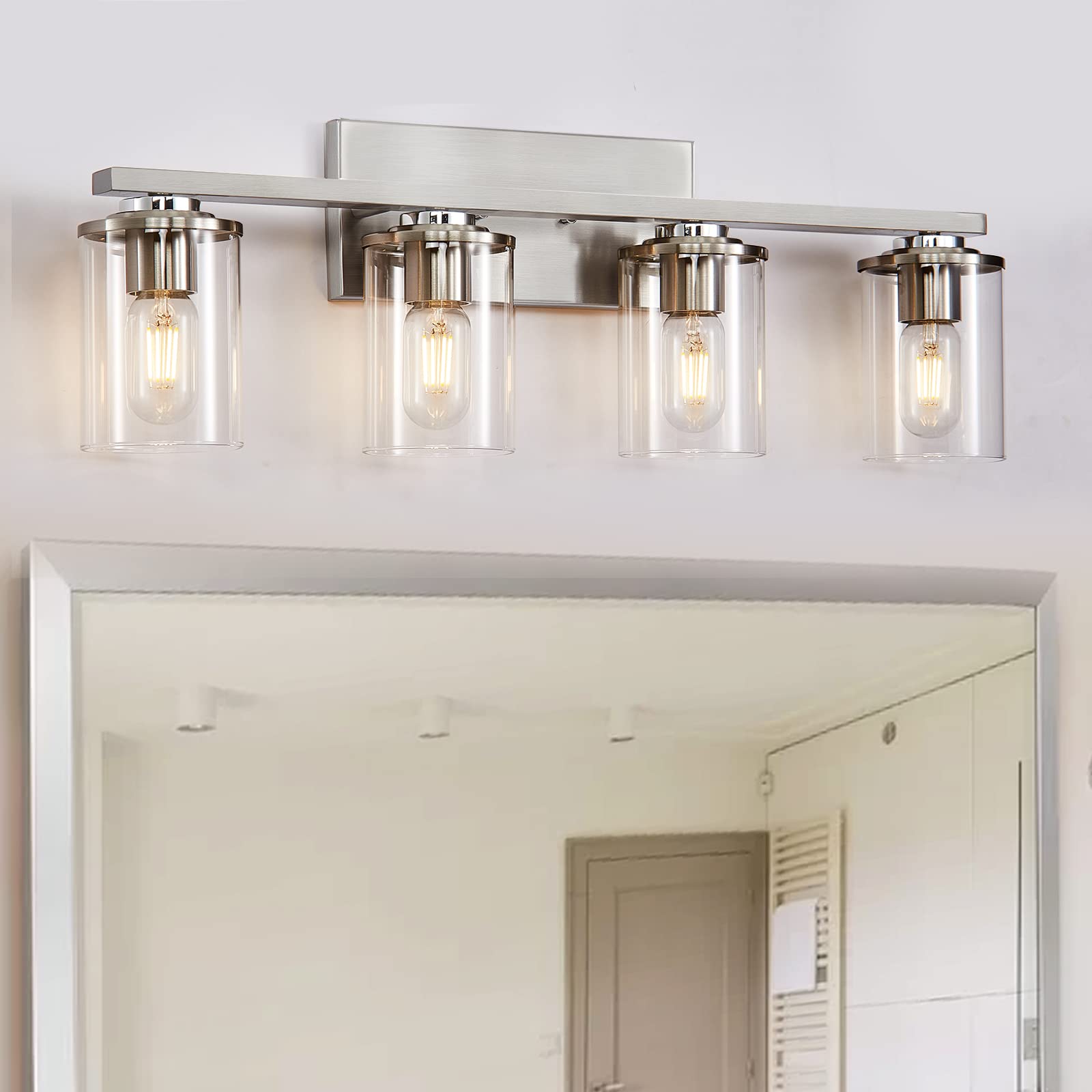 SADENICEL 4-Light Brushed Nickel Bathroom Vanity Lights with Clear Glass Shades - Elegant Wall Sconces for Bathroom Mirror Lighting, Perfect for Modern Home Decor and Spa-Like Ambiance