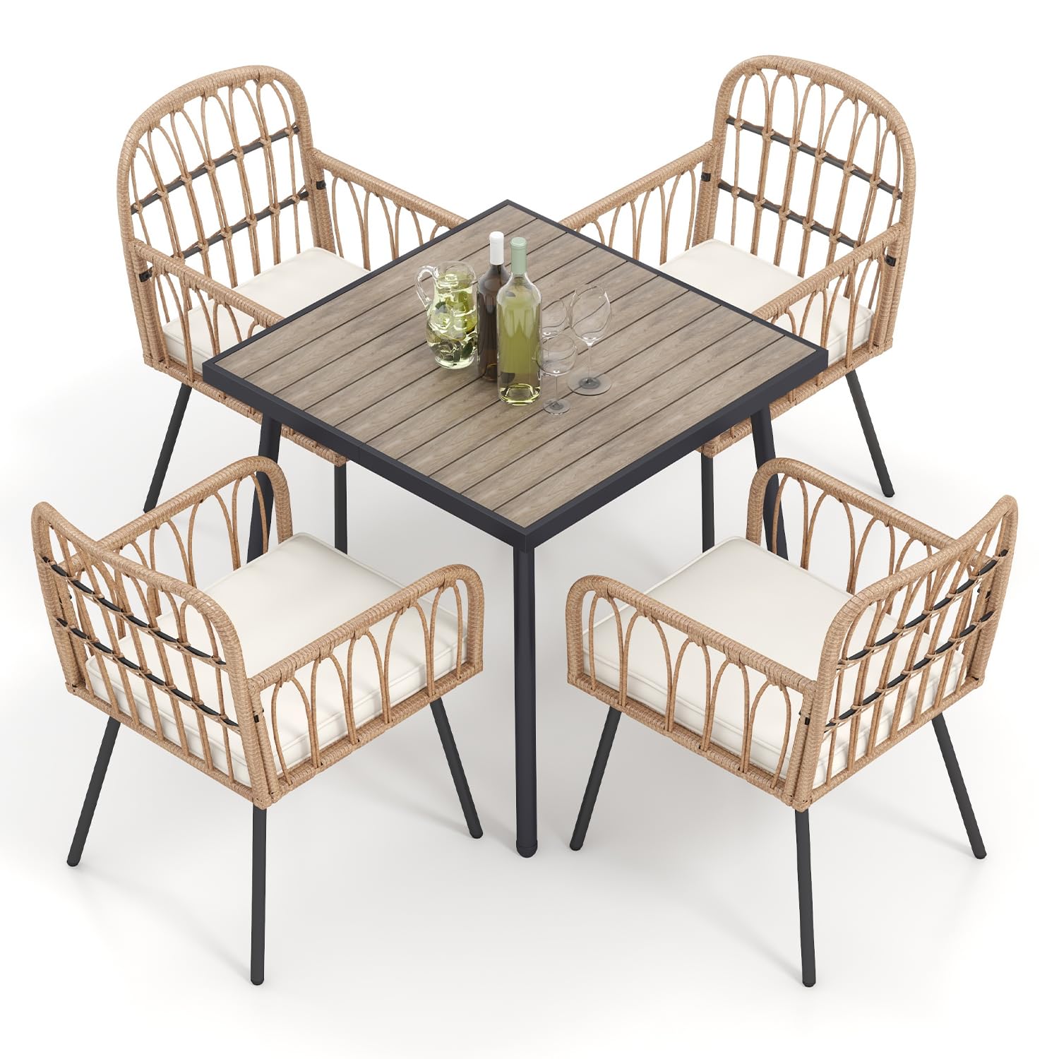 LYNSLIM 5-Piece Outdoor Dining Set - Rattan Patio Table & Chairs with Plastic-Wood Tabletop, 4 Wicker Chairs & Cushions - Perfect for Patio, Poolside, Balcony, Garden & Backyard Entertaining