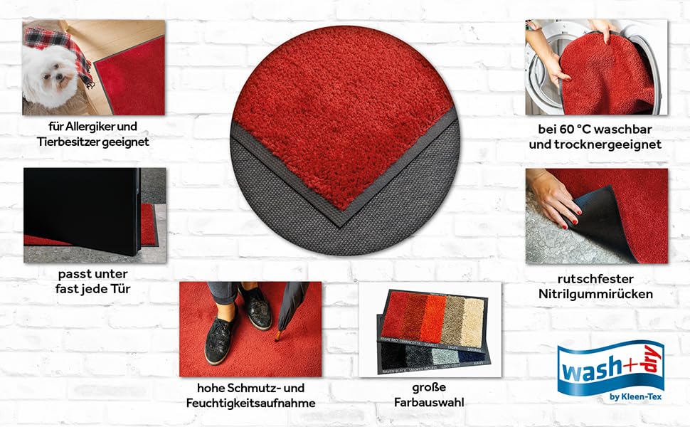 Wash+Dry Original Plain Color Floor Mats - Machine Washable & Tumble Dry Safe - 60x90cm Scarlet Red - Perfect for Kitchen, Bathroom & Entryway