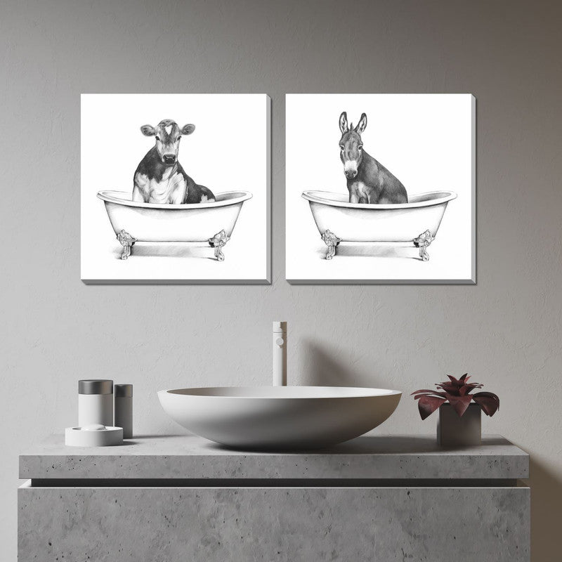 Bathtub Friends IX Wall Art - White & Black 18x18 Inches - Modern Bathroom Decor for Home & Office