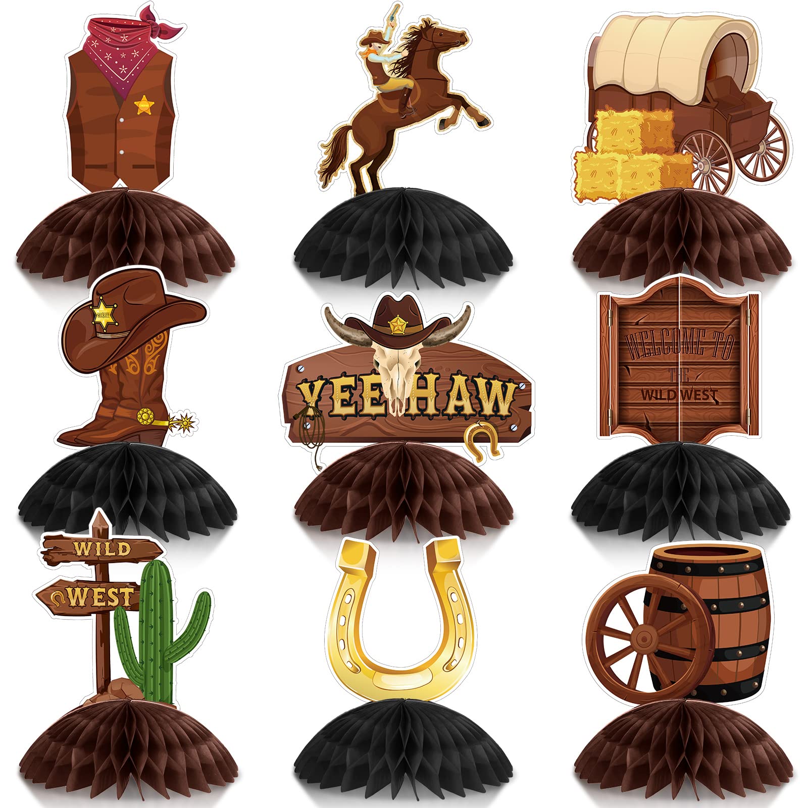 9-Piece Western Cowboy Honeycomb Centerpieces - Wild West Party Decorations for Cowboy Themed Birthday, Baby Shower & Western Events - Perfect for Kids Parties, Home Decor and Western Weddings