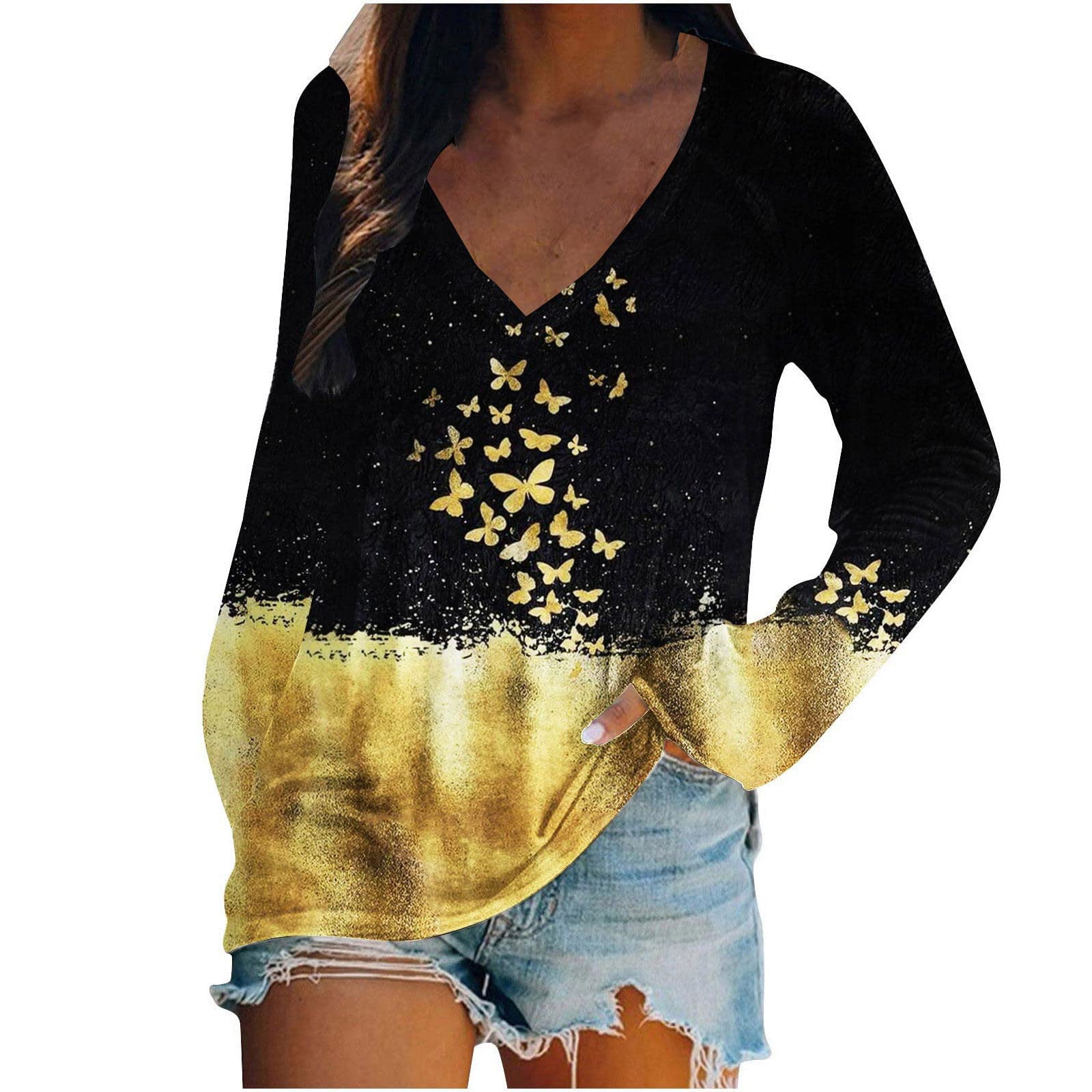 Women's Oversized T-Shirts - Button V Neck Roll Sleeve Side Split Summer Tops | Casual & Dressy Blouse for Everyday Wear, Work & Date Night