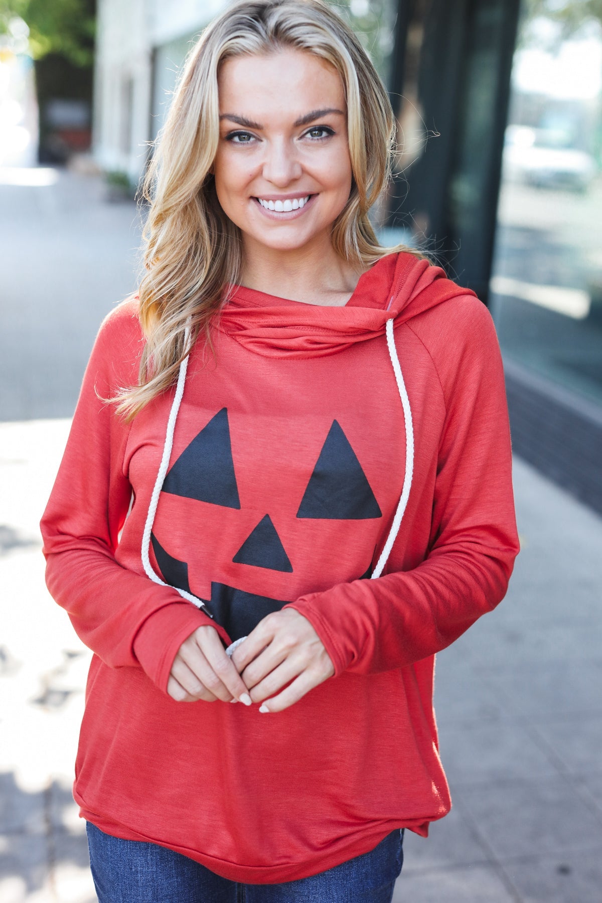 Orange Jack O'Lantern French Terry Thumb Hole Double Hoodie - Halloween Pumpkin Pullover Sweatshirt for Fall & Winter Cozy Outfits