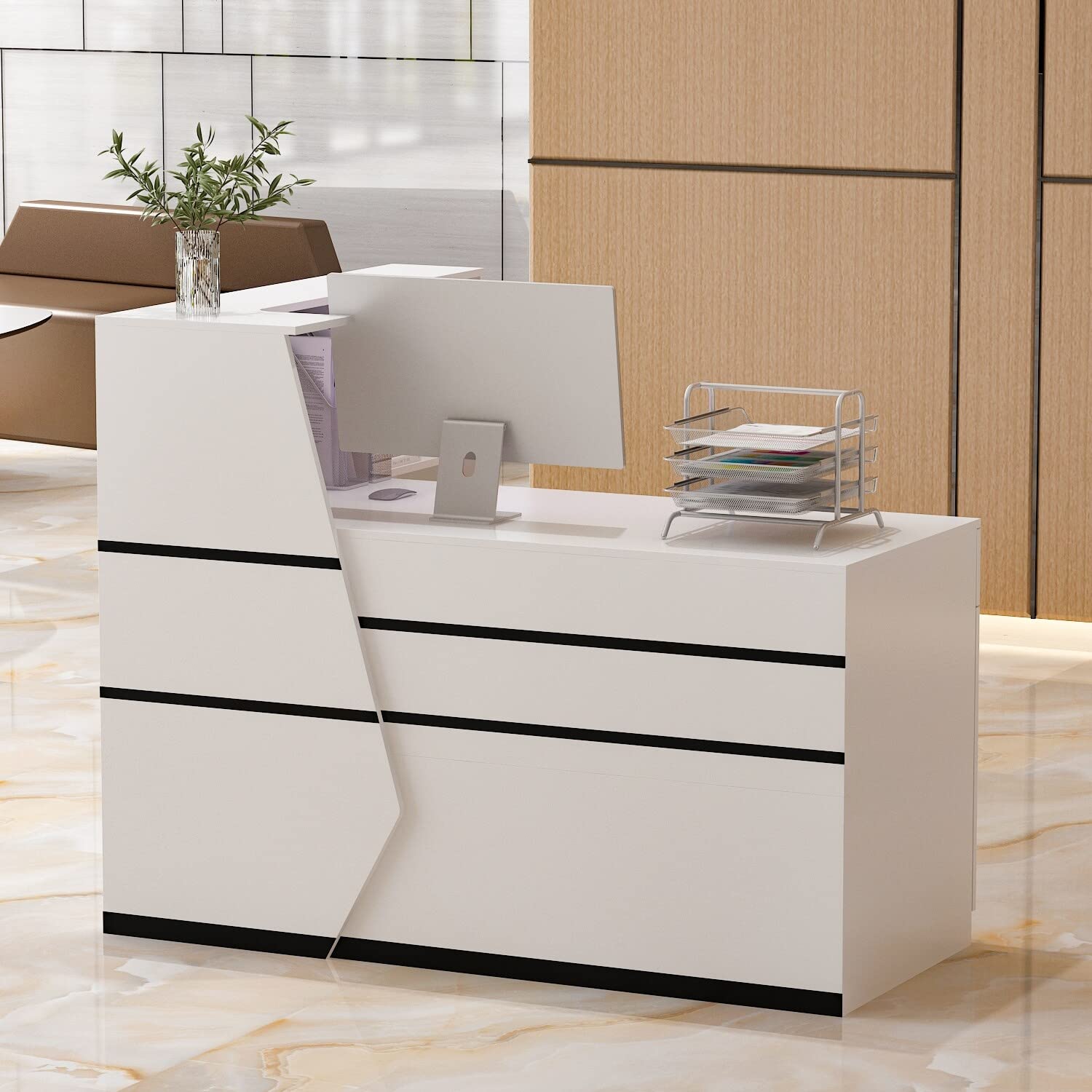 Kerrogee L-Shape Reception Desk - Modern Laminate Office Computer Workstation for Home & Business Use - Perfect for Reception Areas, Home Offices, and Workspaces
