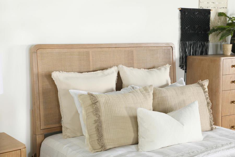Arianna Rattan King Bed Frame - Natural Sand Woven Headboard - Boho Chic Bedroom Furniture for Master Bedroom, Guest Room, or Vacation Home Decor