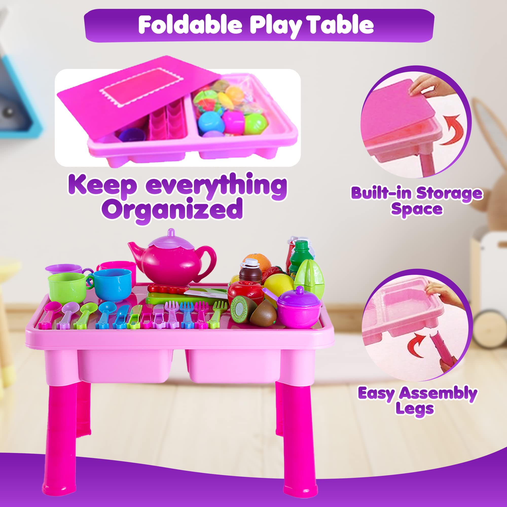50-PCS Foldable Kids Play Kitchen Set with Toy Dishes, Tea Set & Utensils - Pretend Play Food, Cutting Fruits & Toy Knife for Toddler Girls | Perfect Gift for Birthday & Role-Playing Games at Home or Preschool