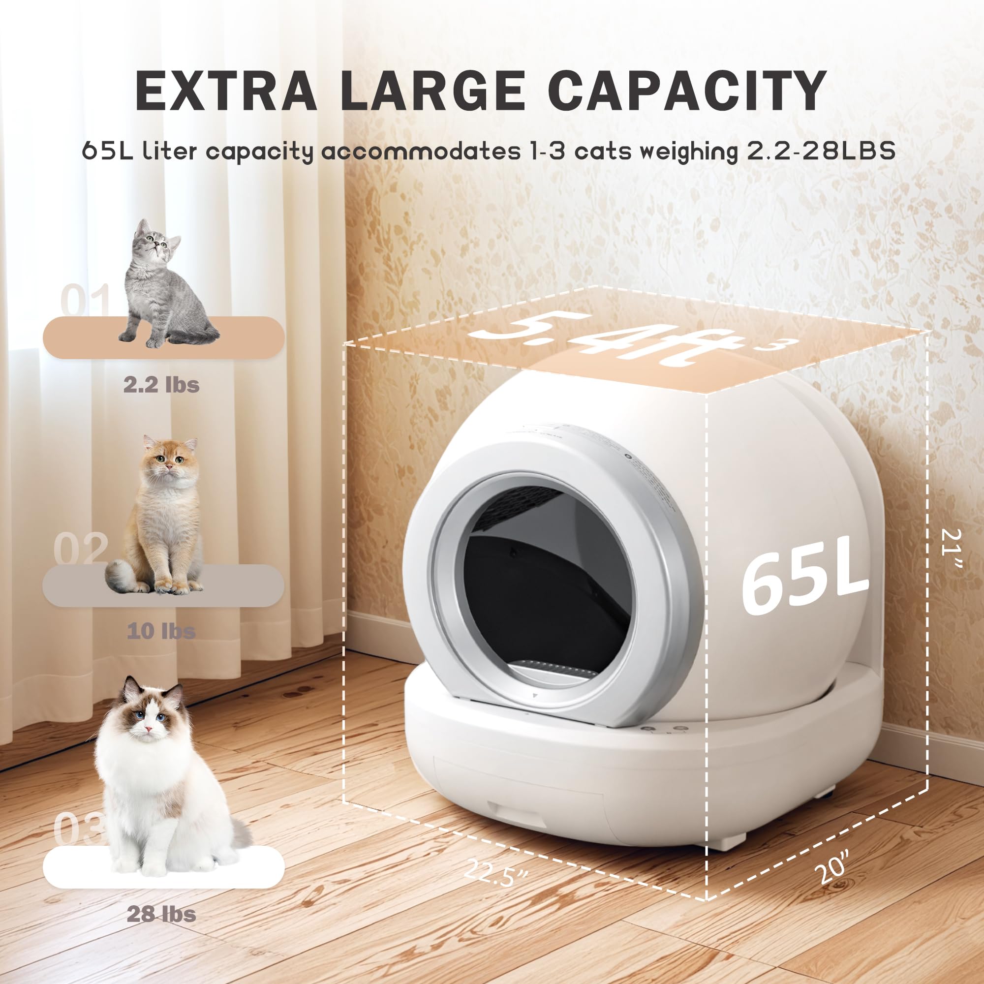 WARCAT Self Cleaning Cat Litter Box - Automatic Large Kitty Litter Box for Multiple Cats with App Control, Garbage Bags & Mats (White) - Perfect for Busy Pet Owners & Multi-Cat Households