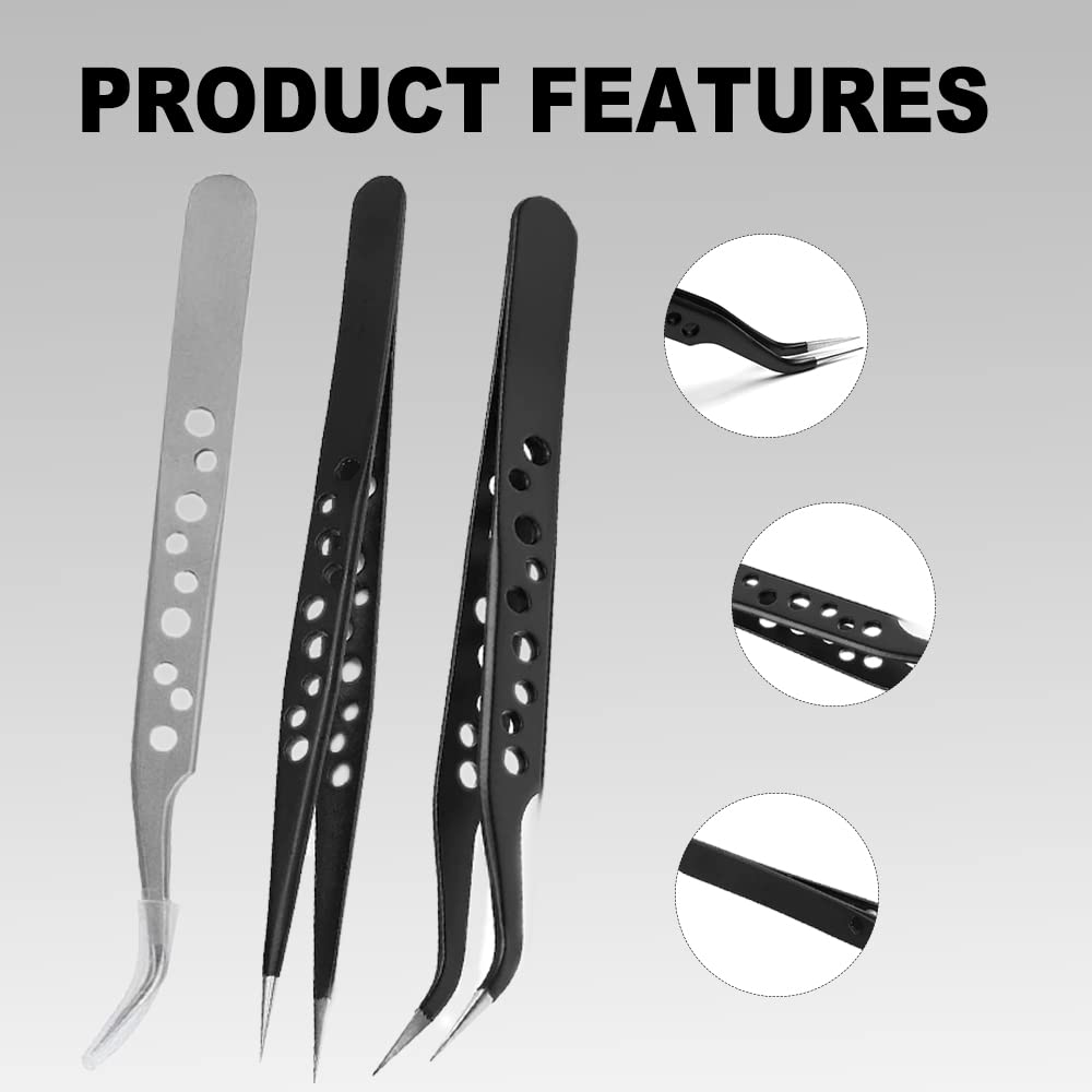 Utoolmart 9-Hole Anti-Static Tweezers - Stainless Steel Non-Magnetic No.15 Curved Pointed Tip - Precision Tools for Jewelry Making, Electronics Repair & Crafting (5-Piece Set, Black)