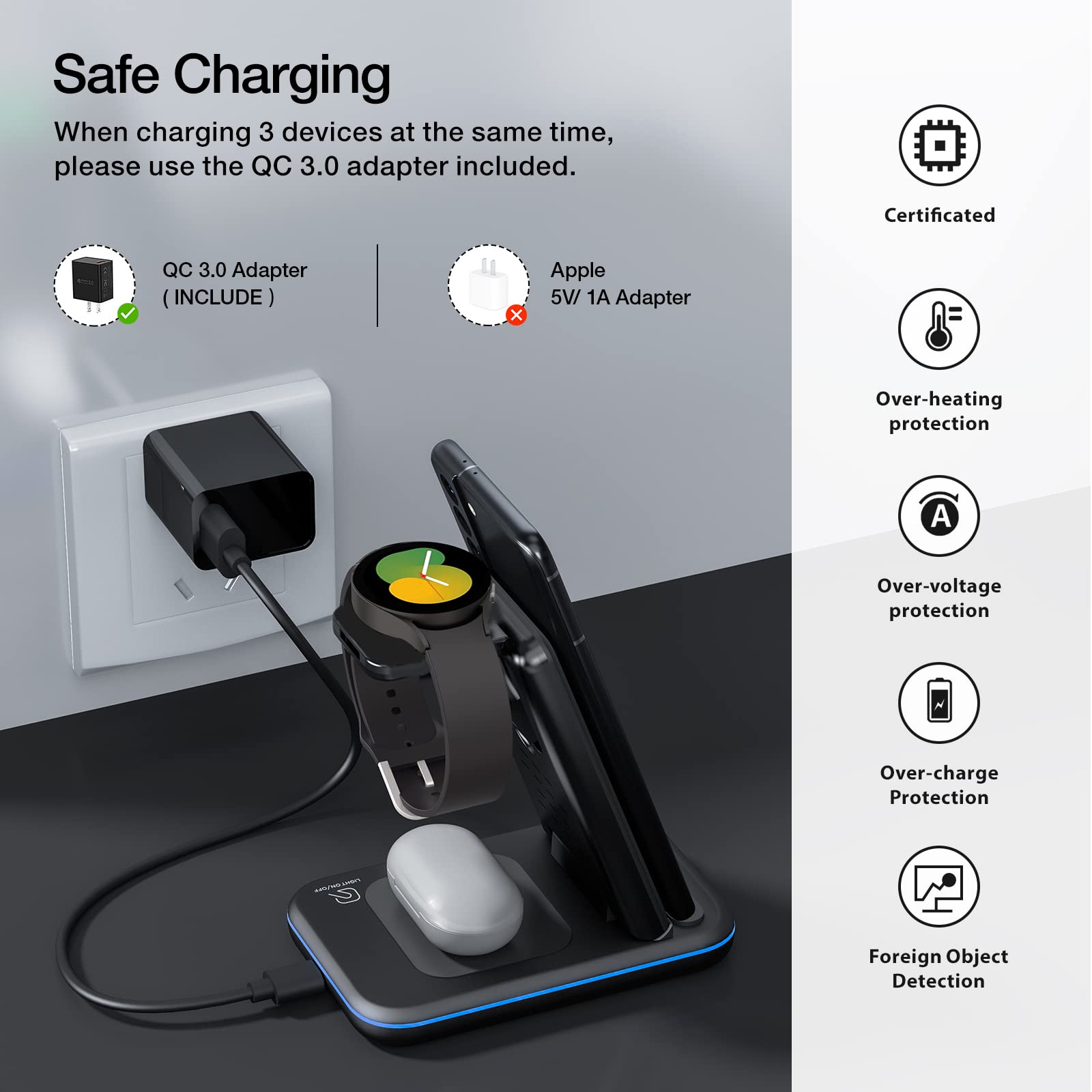 HOLYJOY 3-in-1 Foldable Wireless Charging Station - Fast Charger for Samsung S25 Ultra/S24/Note 20, Galaxy Watch 7/6/5/4/Active 2 & Buds - Portable Travel Charger for Android Phones (Black) | Perfect for Home, Office & Travel Use