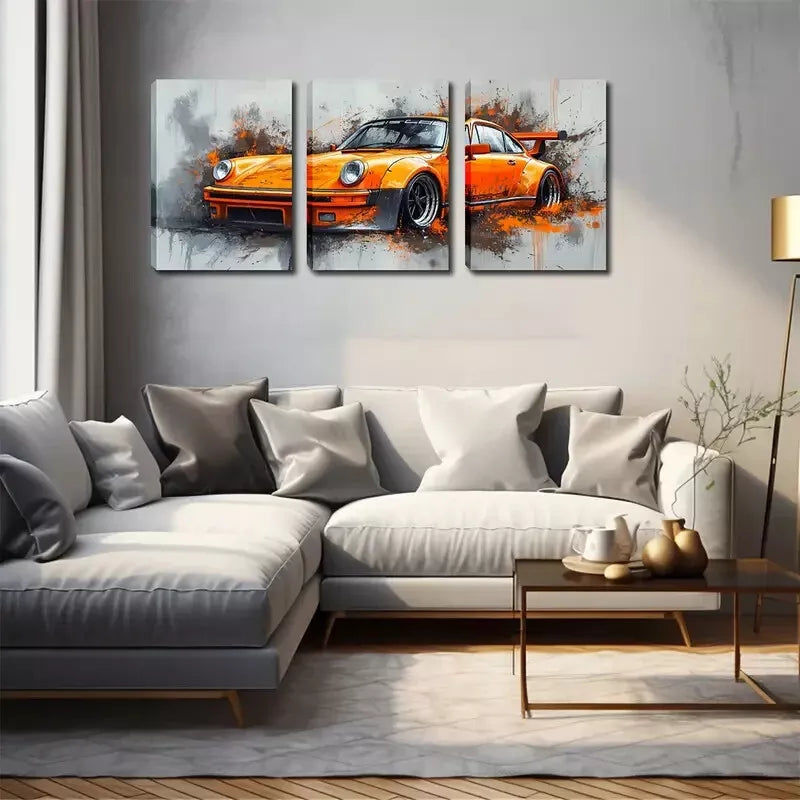 3-Piece Vibrant Orange Sports Car Triptych Wall Art Set - Framed Canvas 40x60cm - High Quality Print - 100% Australian Made - Ready to Hang - Perfect for Man Cave, Garage Decor, Living Room & Office Wall Art