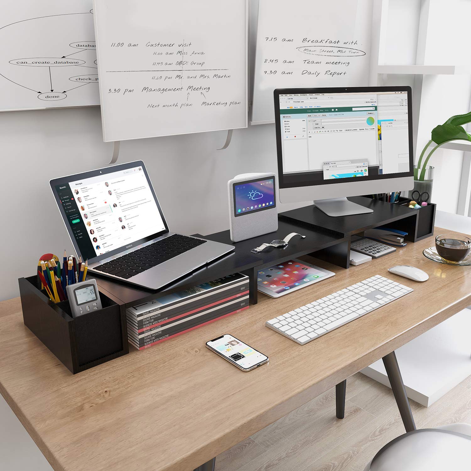 LORYERGO Adjustable Dual Monitor Stand with Laptop Holder & Storage Slots - Ergonomic Height & Angle Adjustment for Home & Office Workspace