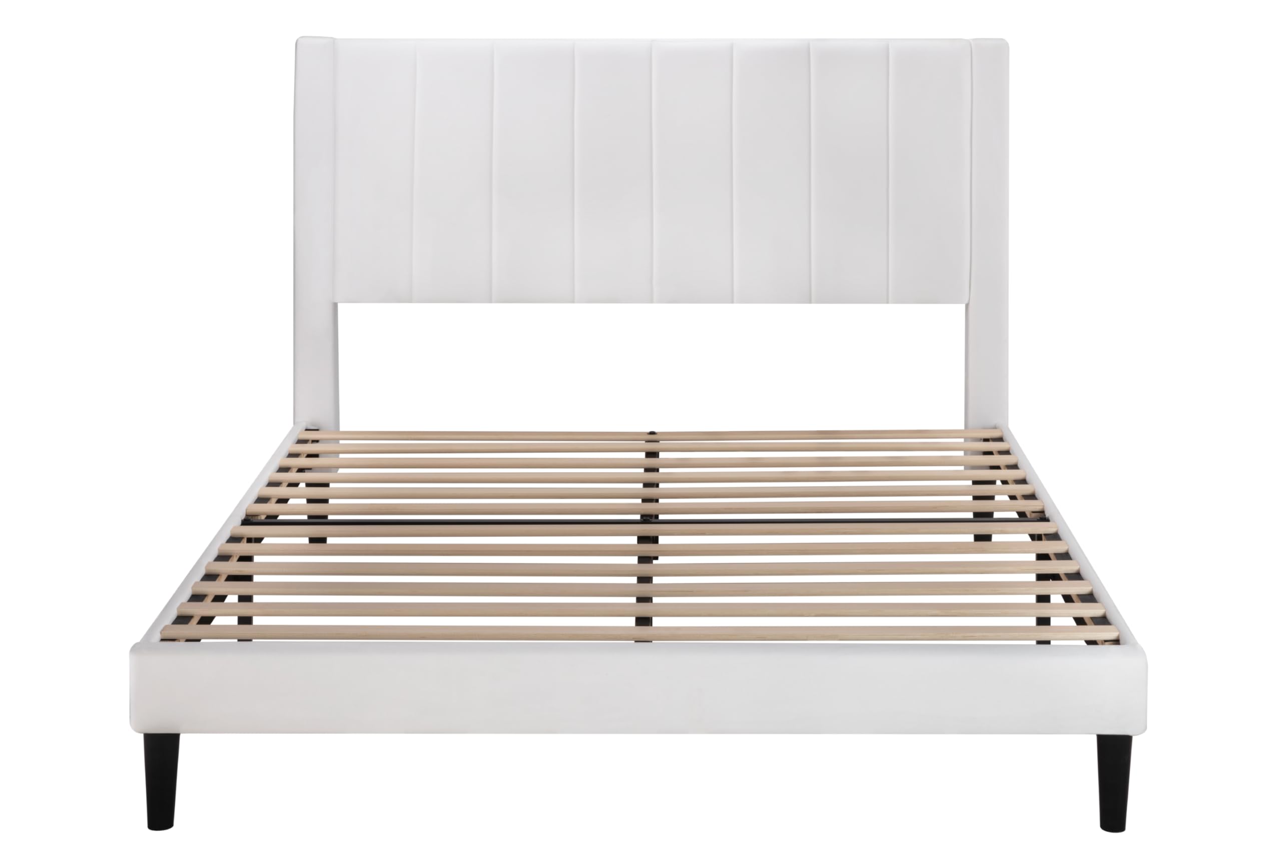 Allewie Full Size Platform Bed Frame - Velvet Upholstered with Vertical Channel Tufted Headboard, Sturdy Wooden Slats Support for Mattress Foundation (Box Spring Optional), Easy Assembly in White | Modern Bedroom Furniture for Master & Guest Rooms