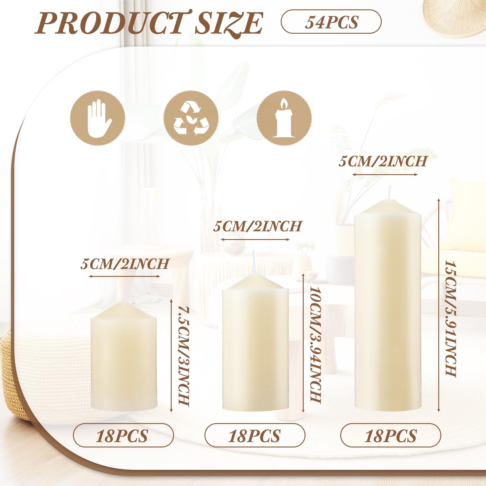 MTLEE 54-Pack Ivory Unscented Dripless Pillar Candles - Smokeless Fireplace Candles Bulk Set (2x3