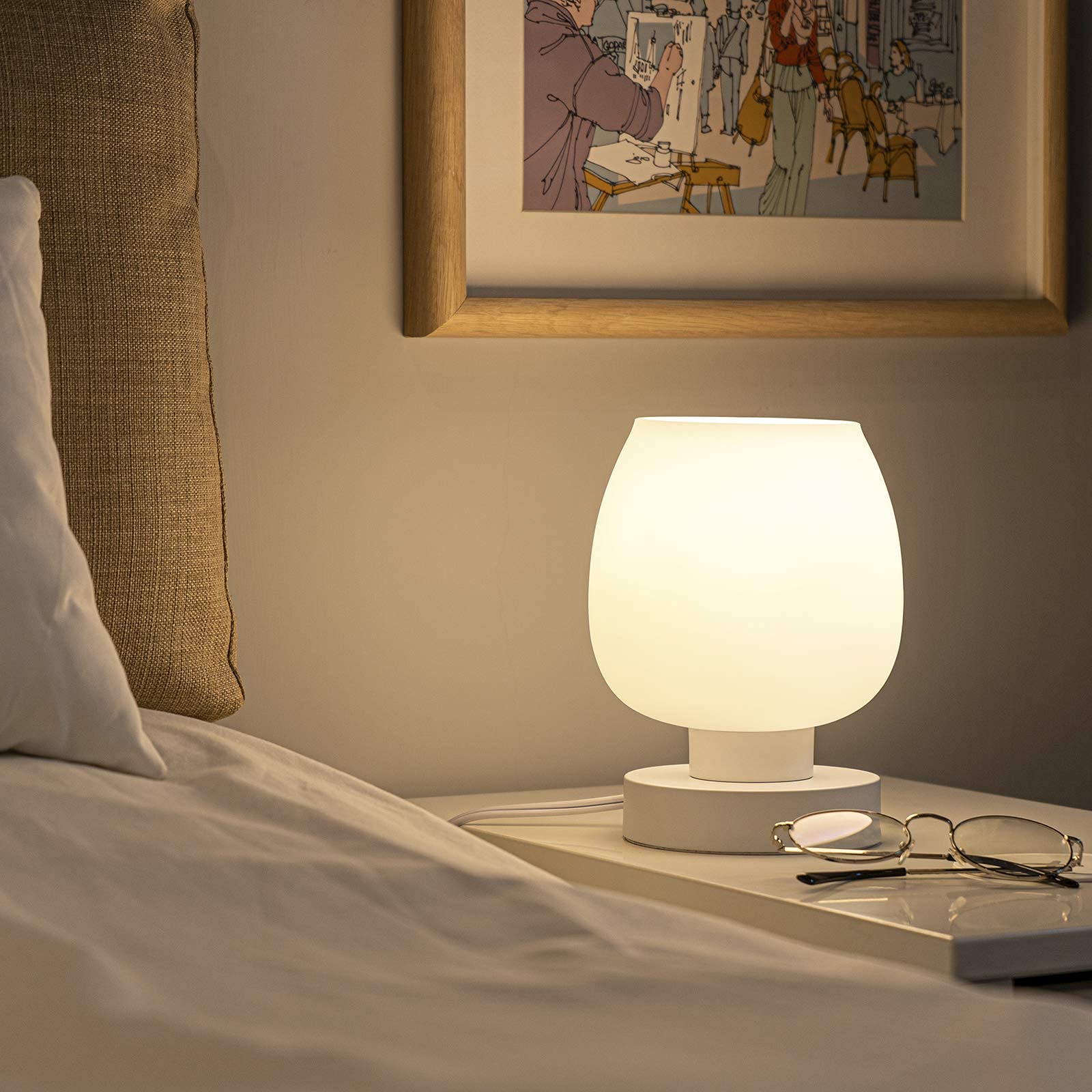 Touch Bedside Table Lamp - Modern Small LED Desk Lamp with White Opal Glass Shade, 3-Way Dimmable Warm Light, Minimalist Design for Bedroom, Living Room, Nightstand, Office, and Study Room Decor