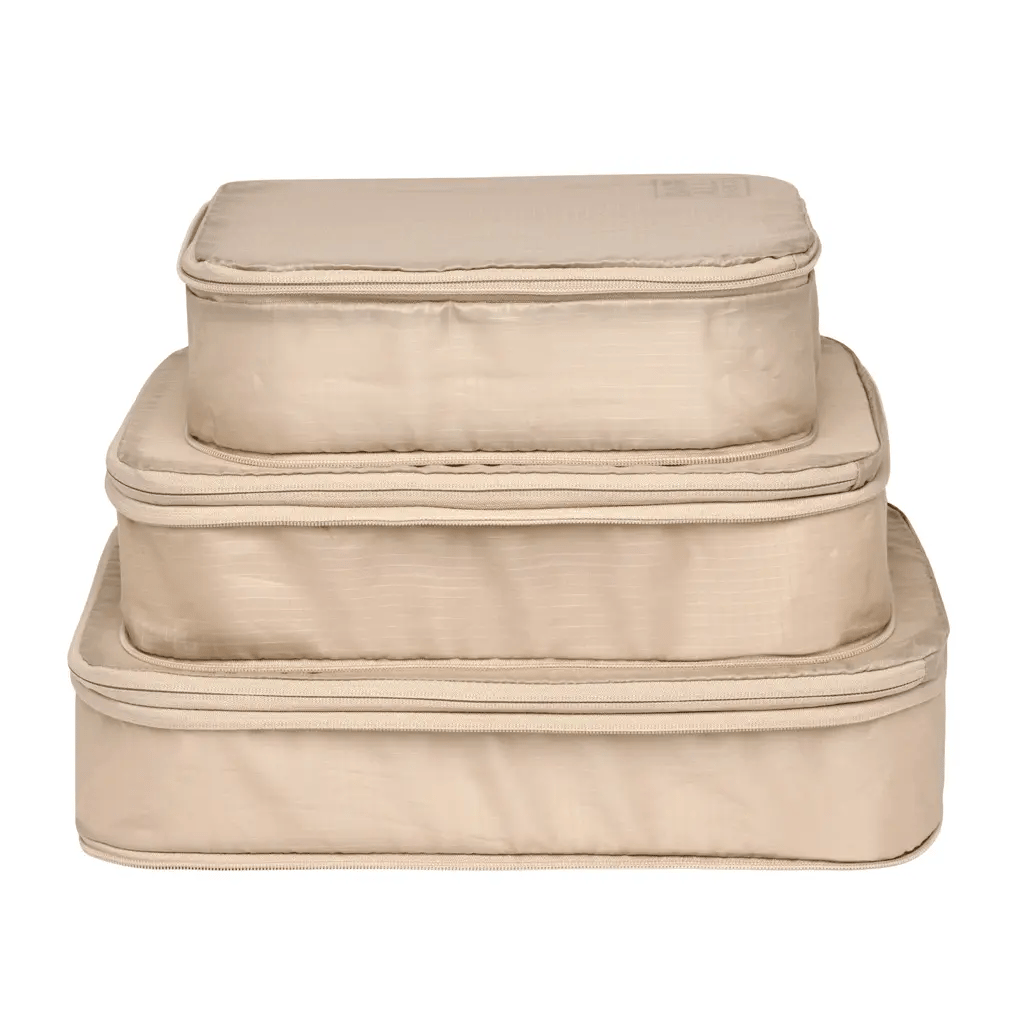 Recycled & Reinforced Nylon Compression Packing Cubes - 3-Piece Set in Taupe for Travel Organization & Space Saving