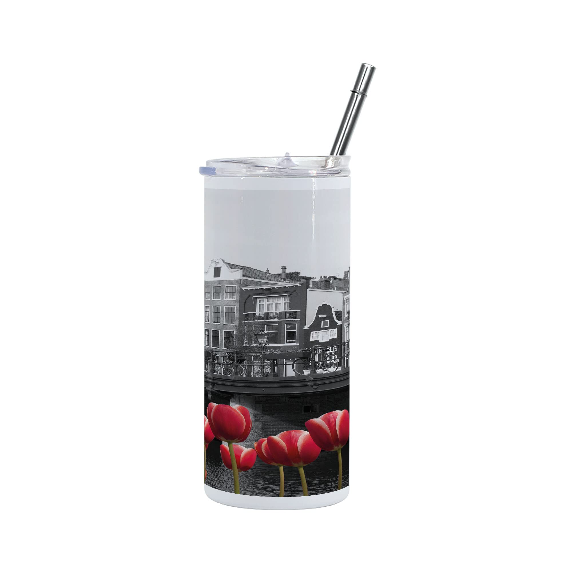 Ambesonne Black and White 12 Oz Skinny Tumbler - Vacuum Insulated Travel Mug with Leakproof Lid, Monochrome Amsterdam Canal Photo with Red Tulips & Houses - Perfect for Coffee, Tea, or Cold Drinks at Work, Travel, Picnics, and Outdoor Adventures