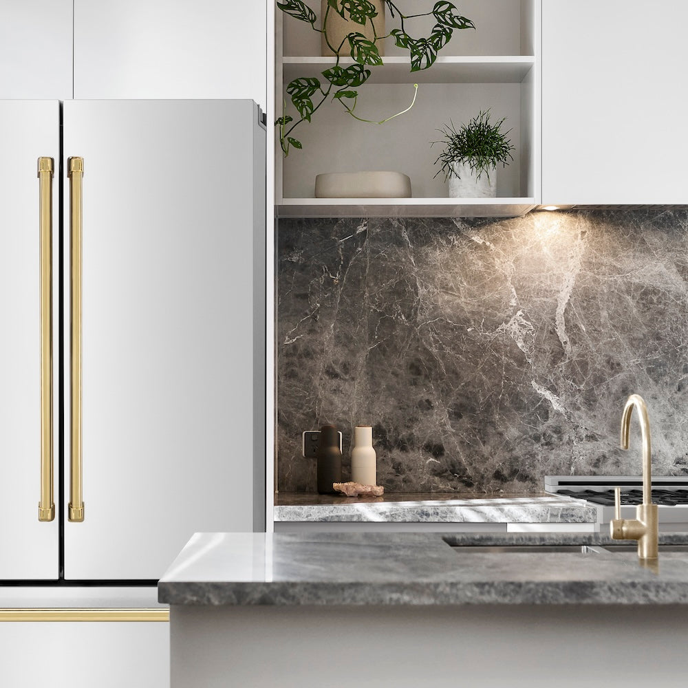 ZLINE Autograph Edition 36 Inch Counter Depth French Door Refrigerator - 22.5 cu. ft. Capacity, Fingerprint Resistant Stainless Steel with Polished Gold Handles, Built-in Ice Maker (RFMZ 36 G) - Perfect for Modern Kitchens and Open Concept Living Spaces