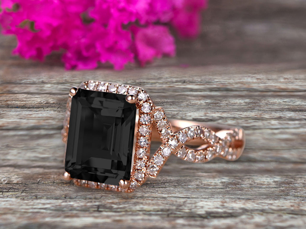 1.50 Carat Emerald Cut Black Diamond Moissanite Engagement Ring 10k Rose Gold - Vintage Art Deco Halo Promise Ring for Women, Brides & Anniversary Gifts - Perfect for Proposals, Weddings & Special Occasions