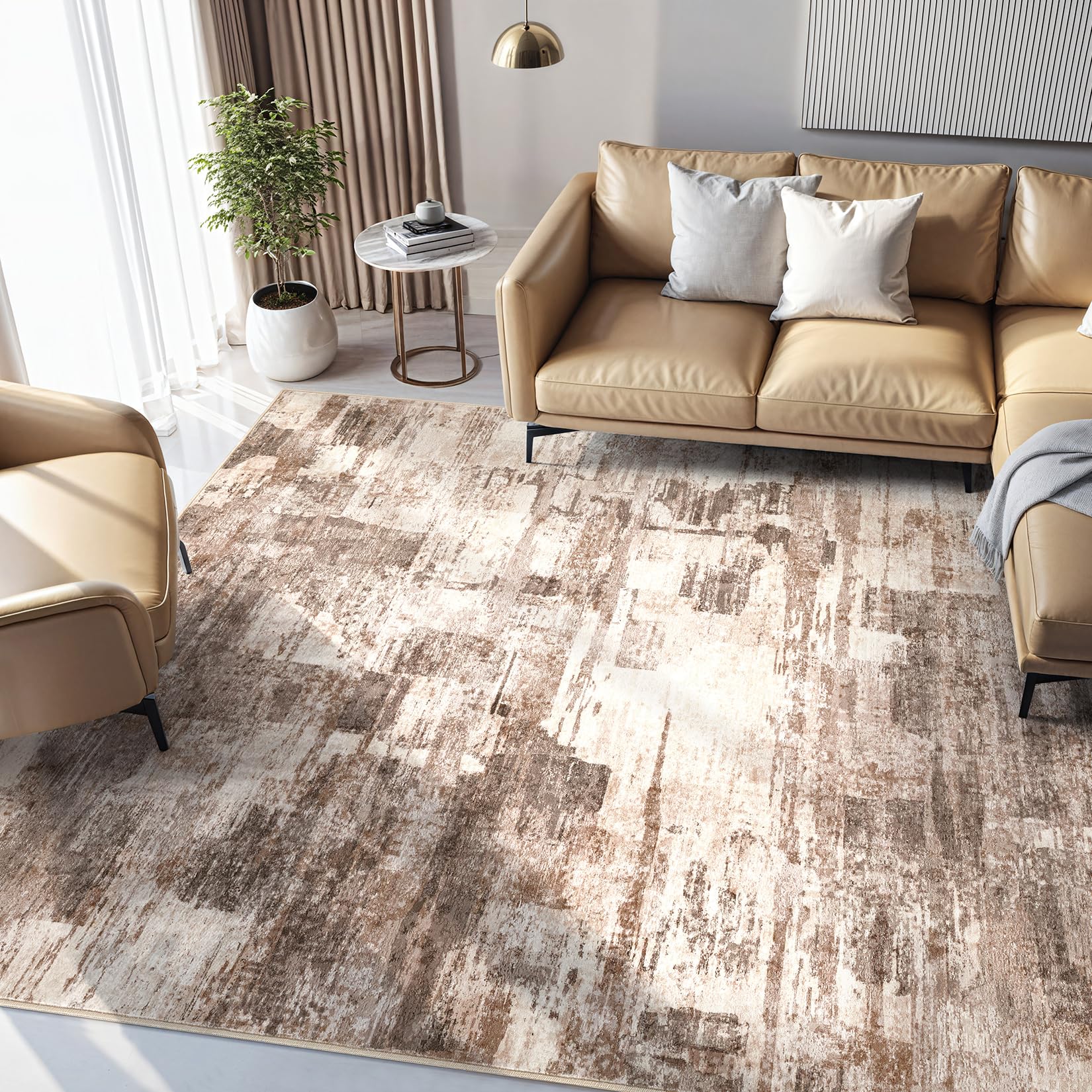 10x14 Abstract Modern Washable Area Rug - Soft Thin Neutral Brown Carpet for Living Room, Bedroom, Dining Table, Home Office, Playroom & Nursery - Perfect for Contemporary Home Decor & High Traffic Areas