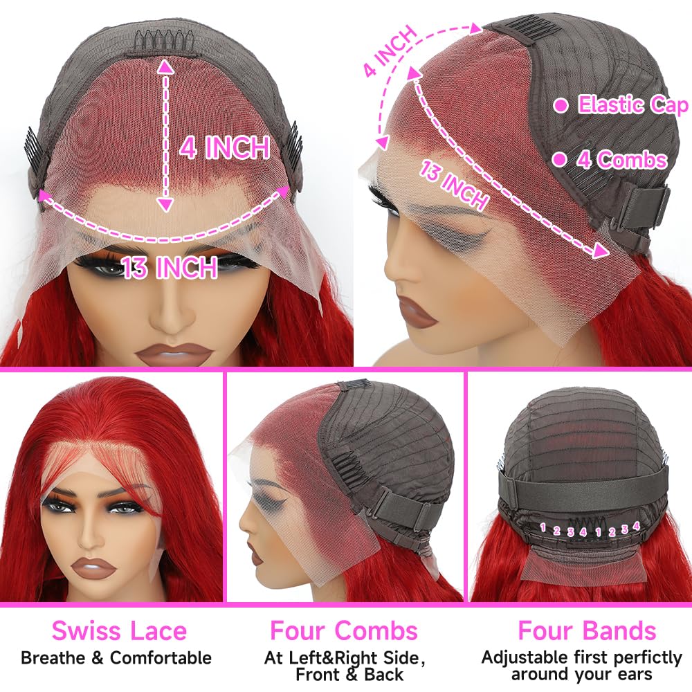 13x4 HD Transparent Lace Front Human Hair Wig - 200% Density Body Wave Red Colored Wig with Pre-Plucked Baby Hair (28 Inch) | Perfect for Cosplay, Halloween, Parties & Daily Fashion Styling