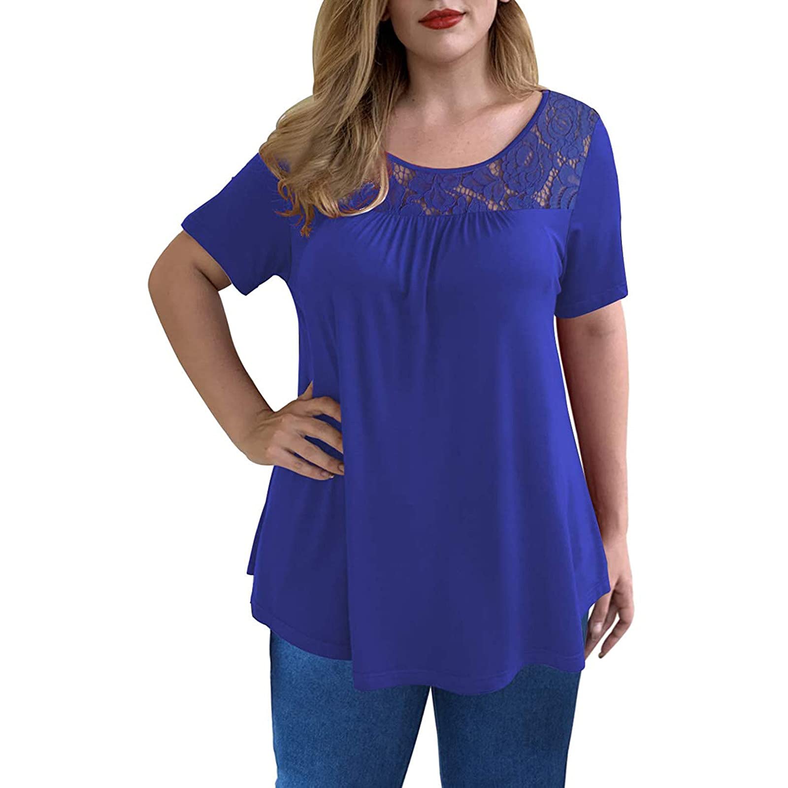 Plus Size Women's Fashion Lace Patchwork Short Sleeve O-Neck Casual Blouse Tops - Comfortable & Stylish for Work, Date Night & Everyday Wear #1661
