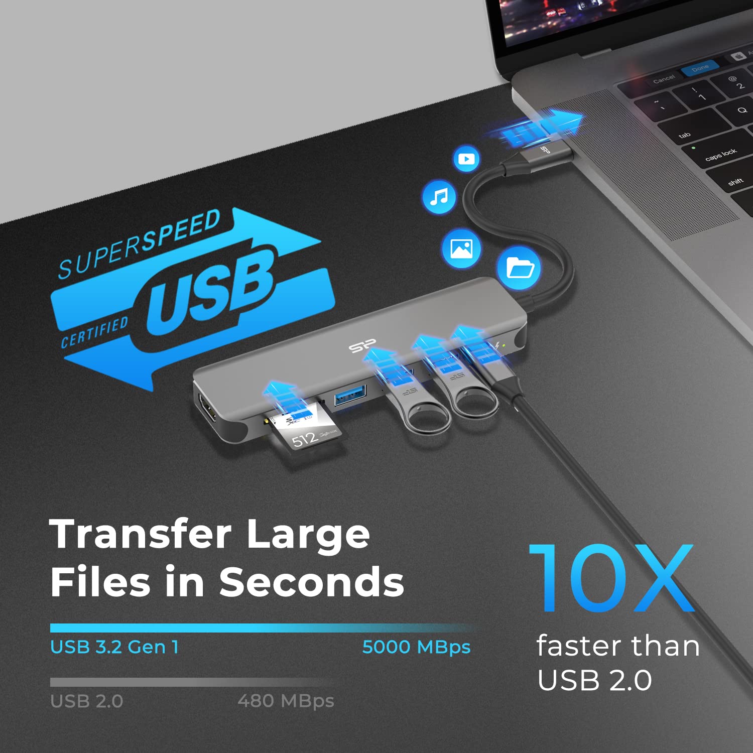 Silicon Power SU20 7-in-1 USB C Hub with 4K HDMI, 60W PD, 3 USB 3.0 Ports, SD/microSD Card Reader - Compatible with MacBook Pro & USB C Laptops for Home Office, Travel & Multi-Screen Workstations