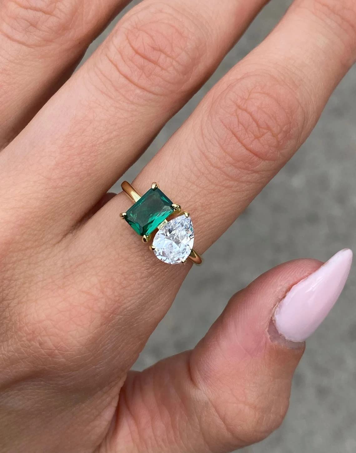 Phoenixjewel Toi Et Moi Ring - 2 Stone Engagement & Wedding Ring with Green Emerald Cut Diamond & Pear Gemstone - 14K Gold Plated Silver Ring for Women - Perfect for Mother's Day, Birthday Gifts & Anniversary Celebrations