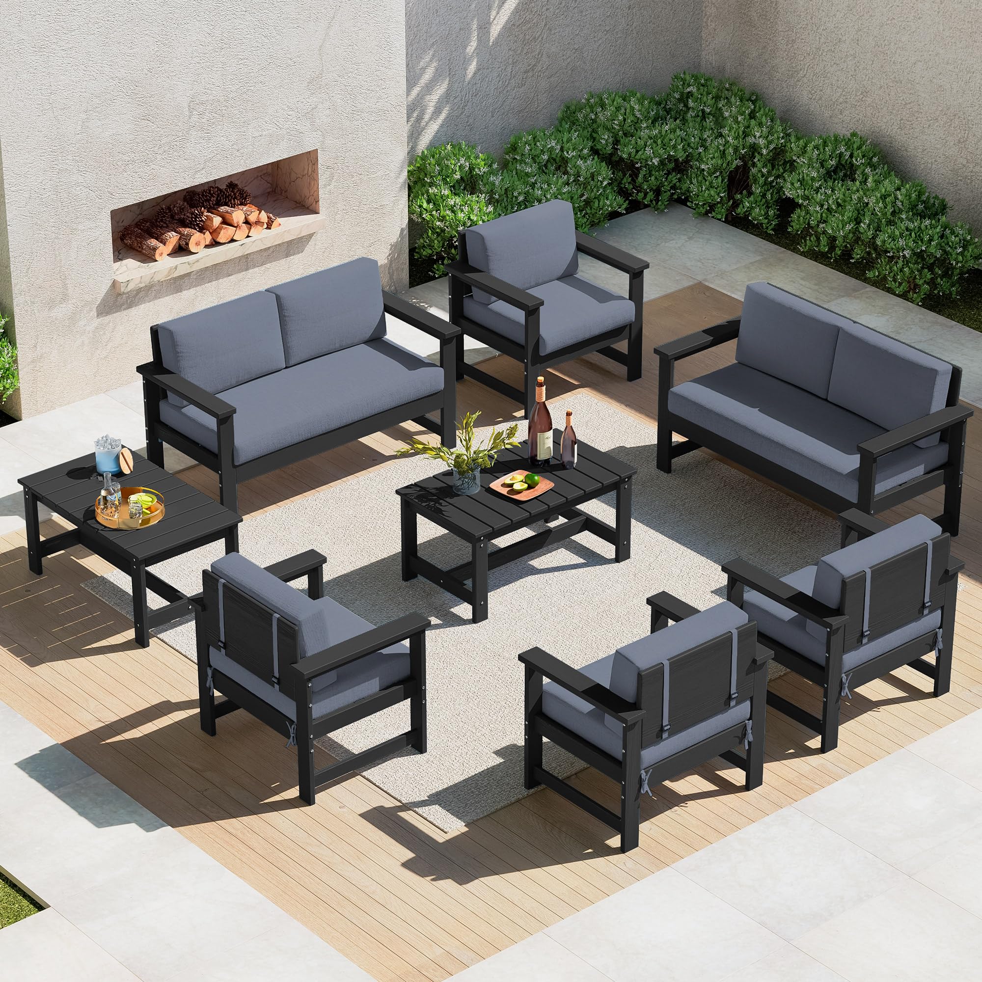 SERWALL 8-Piece Outdoor Patio Furniture Set - All-Weather HDPE Conversation Sofa with Cushions, Loveseat & Coffee Table - Black Frame & Gray Cushions - Perfect for Backyard, Garden, Poolside & Outdoor Entertaining